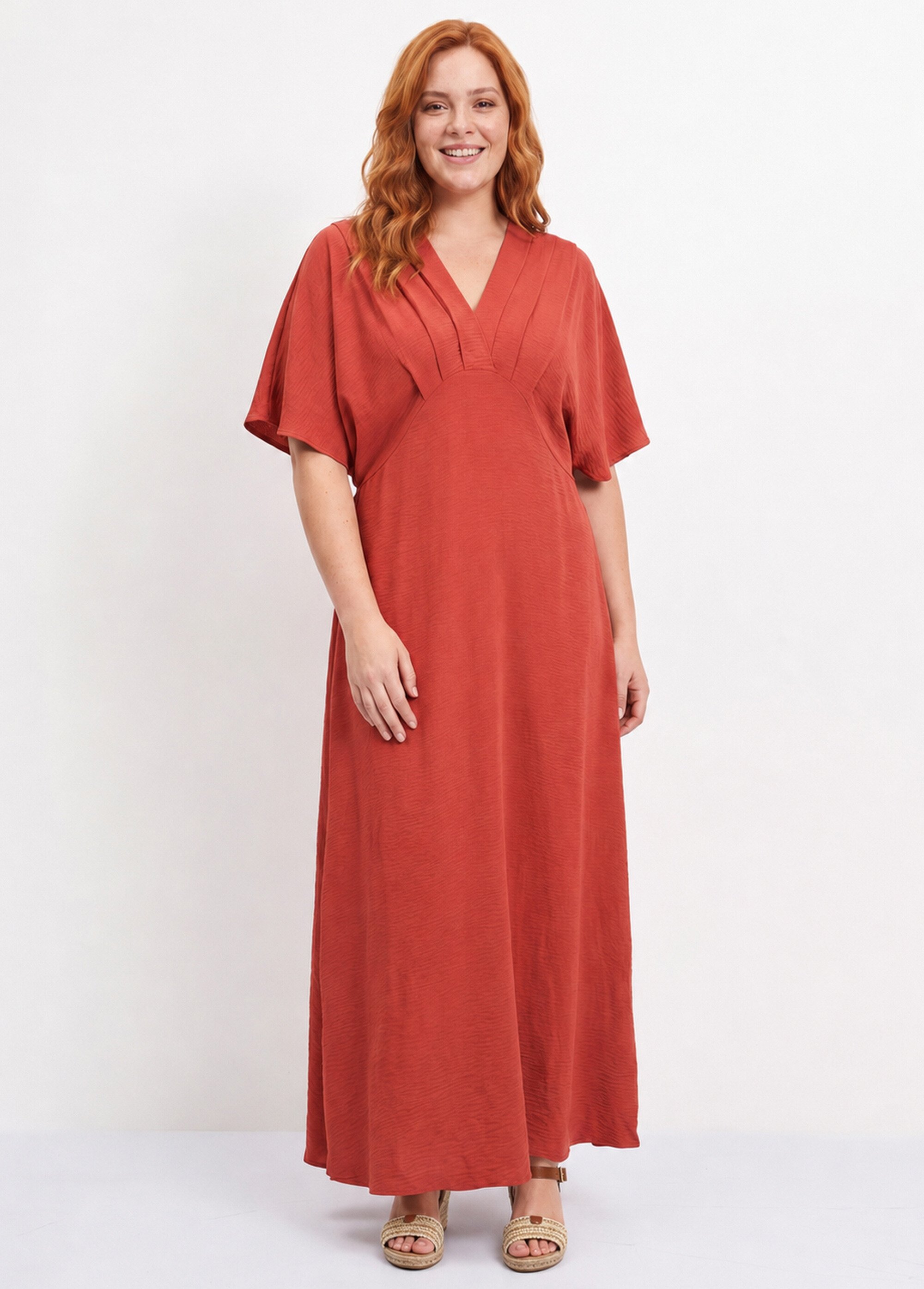 Robe longue col V plissé, taille haute Femme Grande Taille Orange MA-M1588-123 FA1