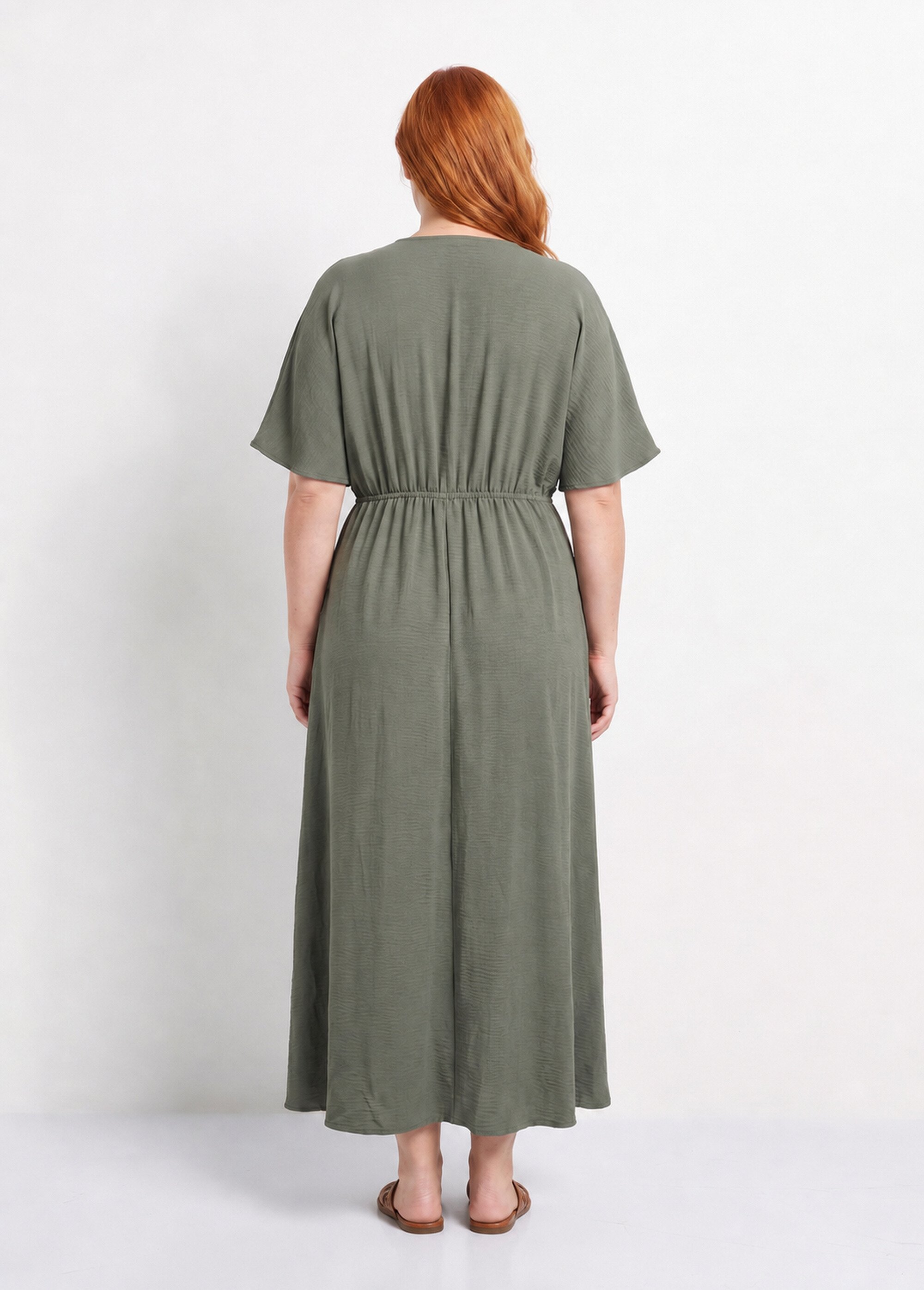 Robe longue col V plissé, taille haute