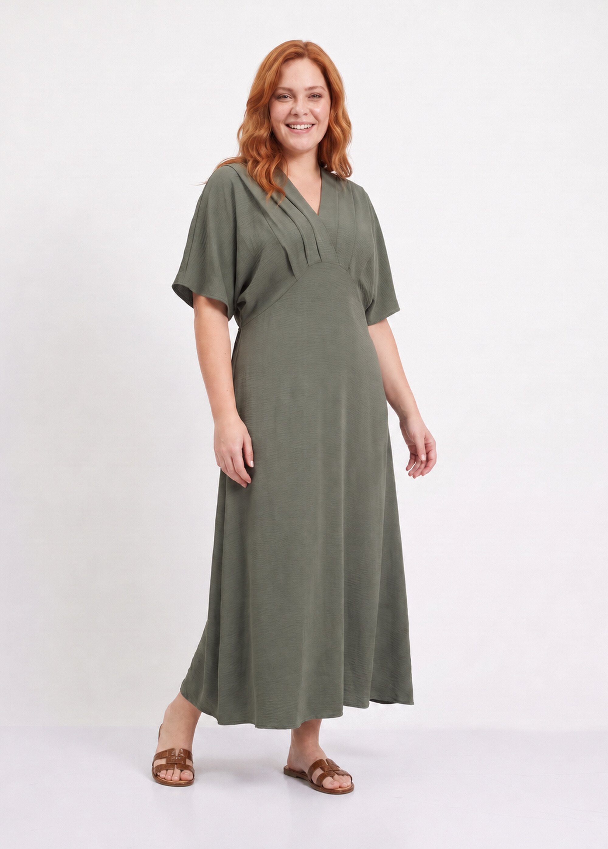 Robe longue col V plissé, taille haute Femme Grande Taille Vert MA-M1588-123 FA1