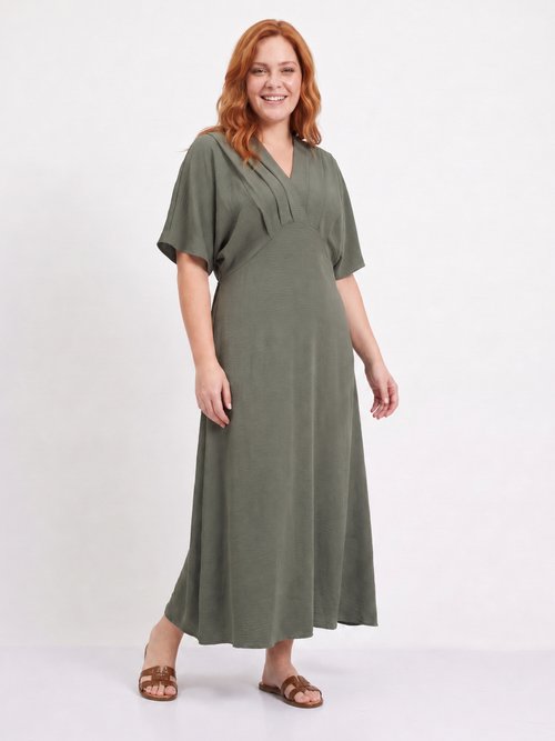 Robe longue col V plissé, taille haute Femme Grande Taille Vert MA-M1588-123 FA1