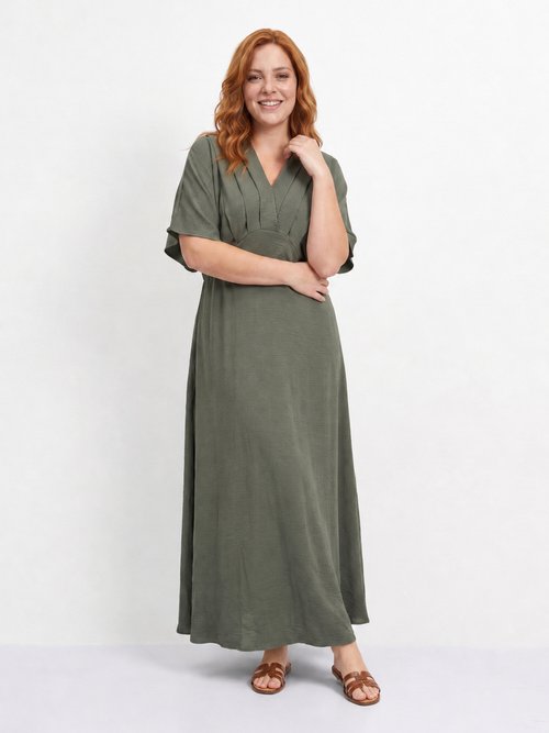 Robe longue col V plissé, taille haute Femme Grande Taille Vert MA-M1588-123 MV1