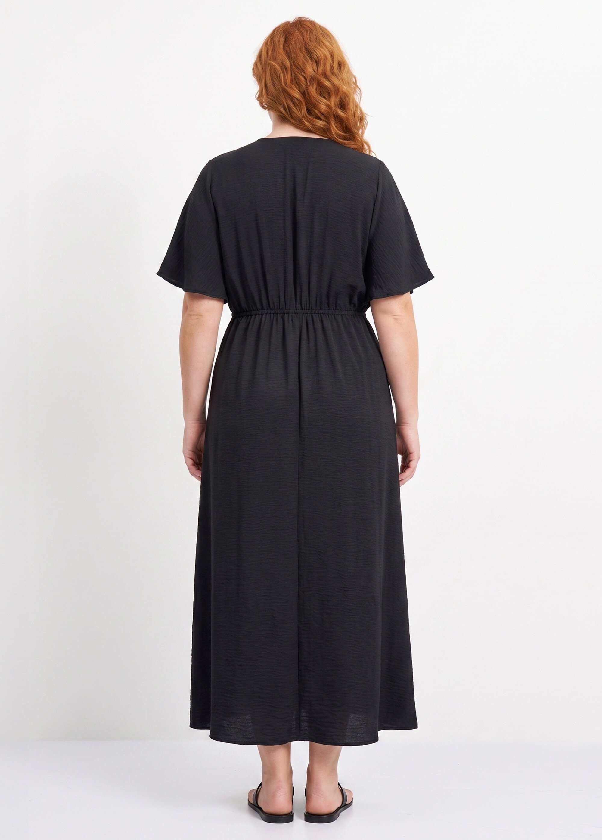 Robe longue col V plissé, taille haute Femme Grande Taille Noir MA-M1588-123 DO1