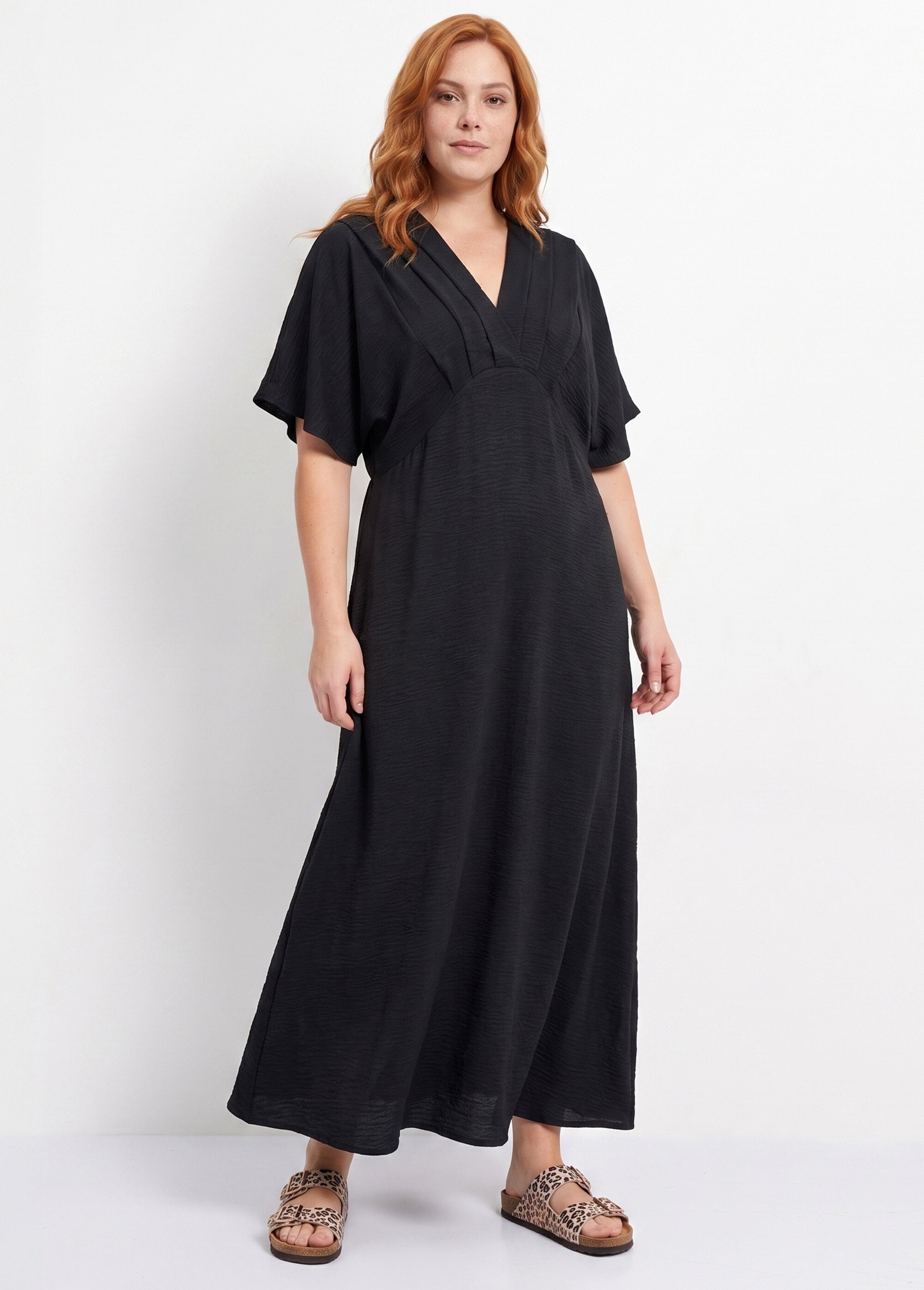 Robe longue col V plissé, taille haute Femme Grande Taille Noir MA-M1588-123 FA1