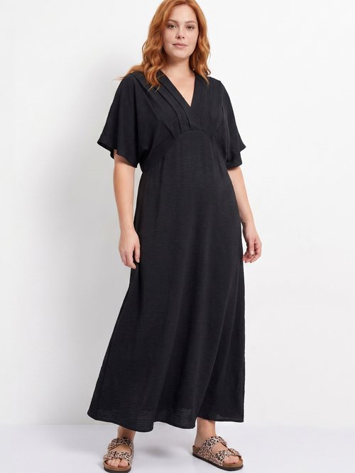 Robe longue col V plissé, taille haute Femme Grande Taille Noir MA-M1588-123 FA1