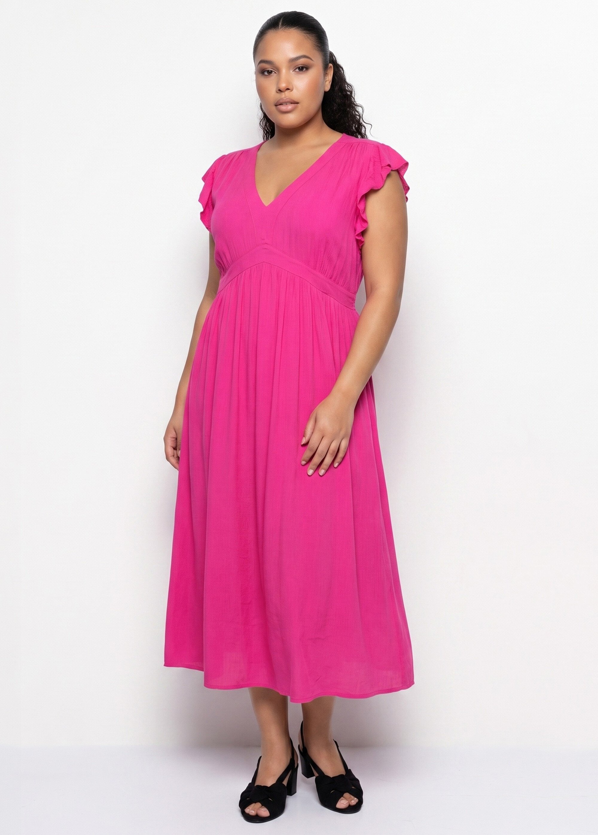 Robe longue, épaules volantées Femme Grande Taille Rose MA-M1085-2331 FA1
