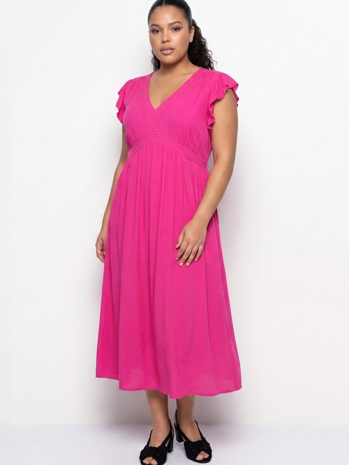 Robe longue, épaules volantées Femme Grande Taille Rose MA-M1085-2331 FA1