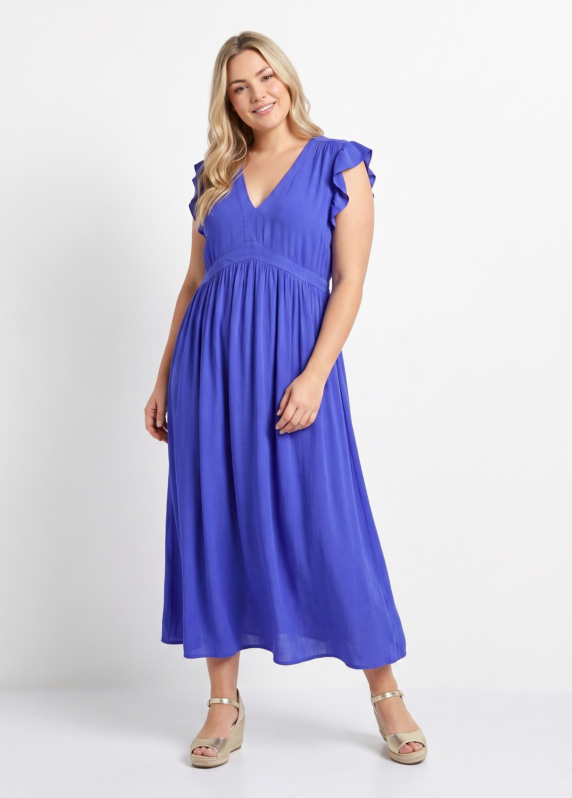 Robe longue, épaules volantées Femme Grande Taille Bleu MA-M1085-2331 FA1