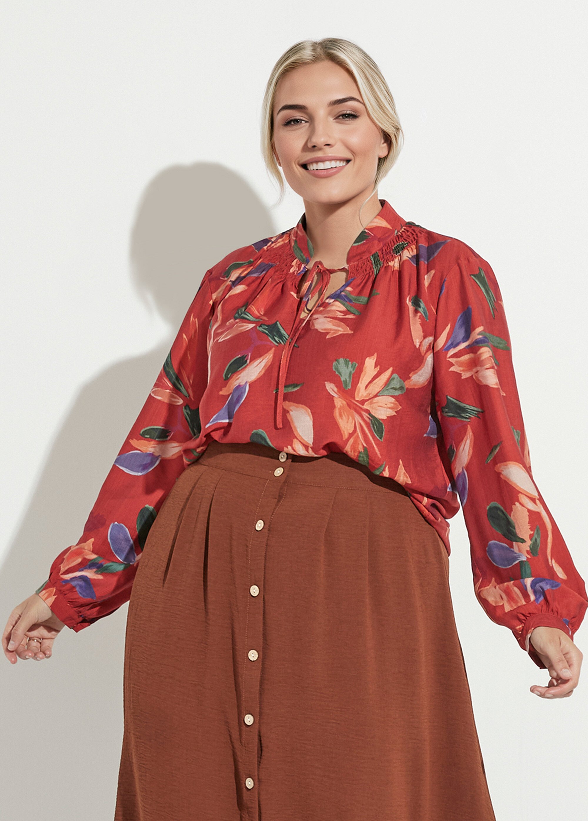 Tunique col V avec liens, fleuri arty Femme Grande Taille BRIQUE IMPRIME MAE-M910-5-2187 FA1