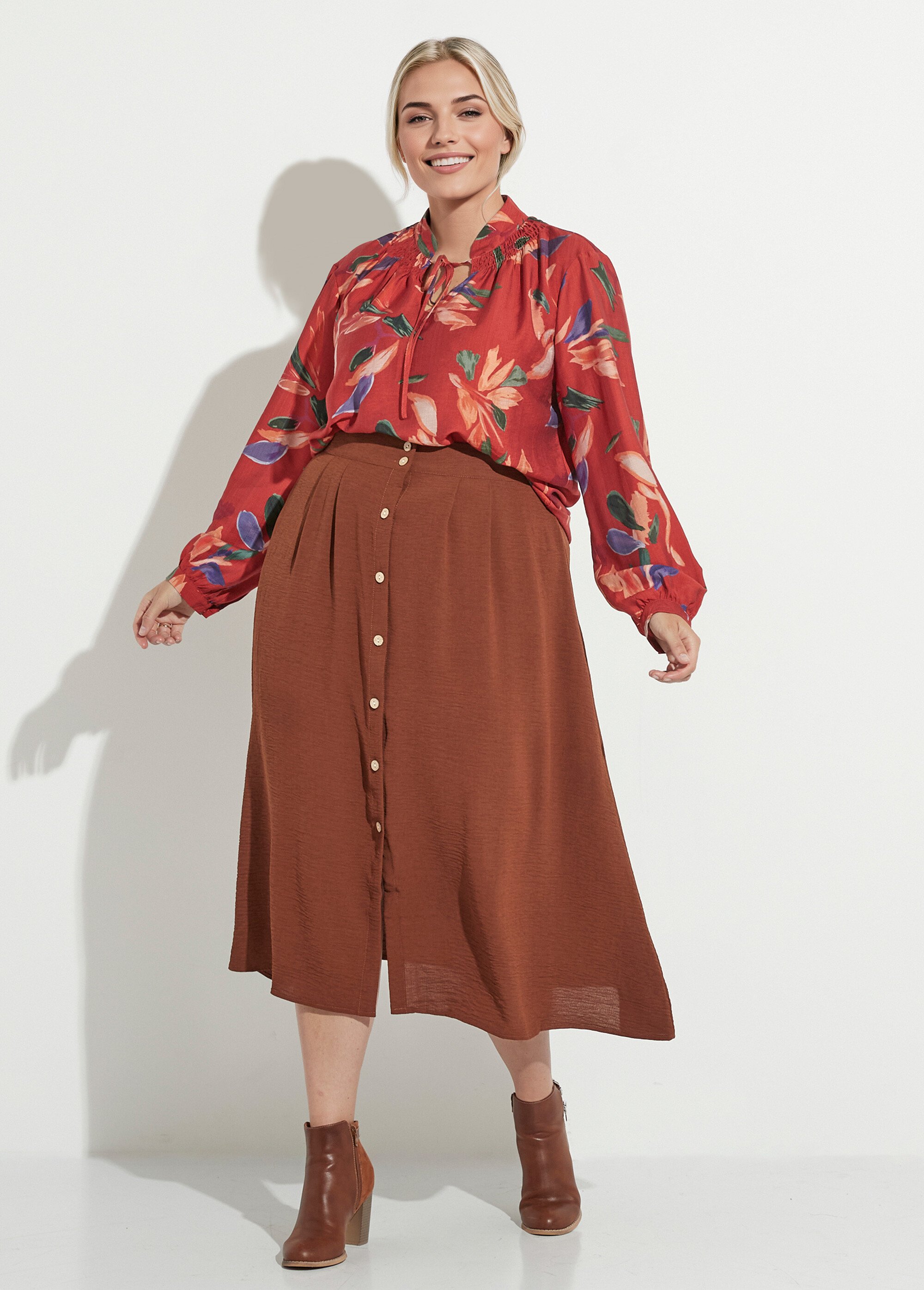 Tunique col V avec liens, fleuri arty Femme Grande Taille BRIQUE IMPRIME MAE-M910-5-2187 SF1