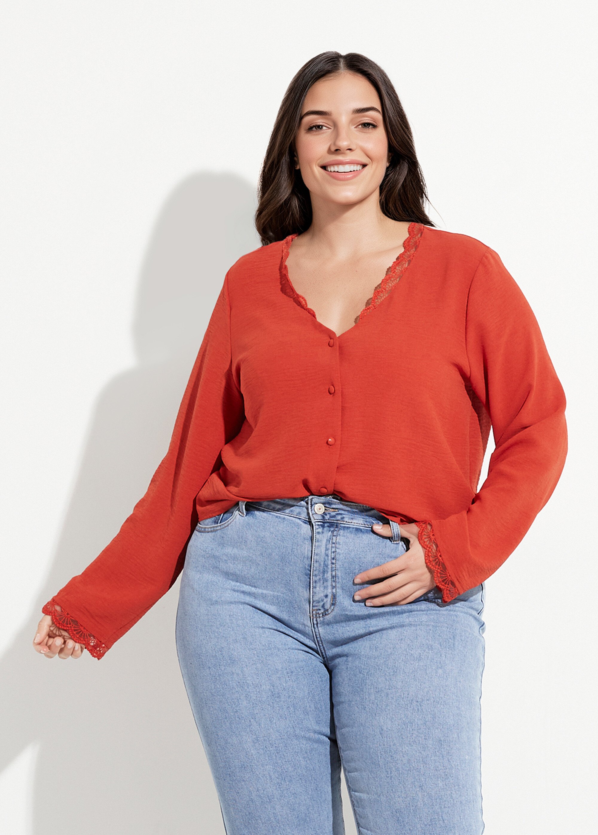 Tunique unie col V finition écailles Femme Grande Taille Rouge MAE-M225-5-123 FA1