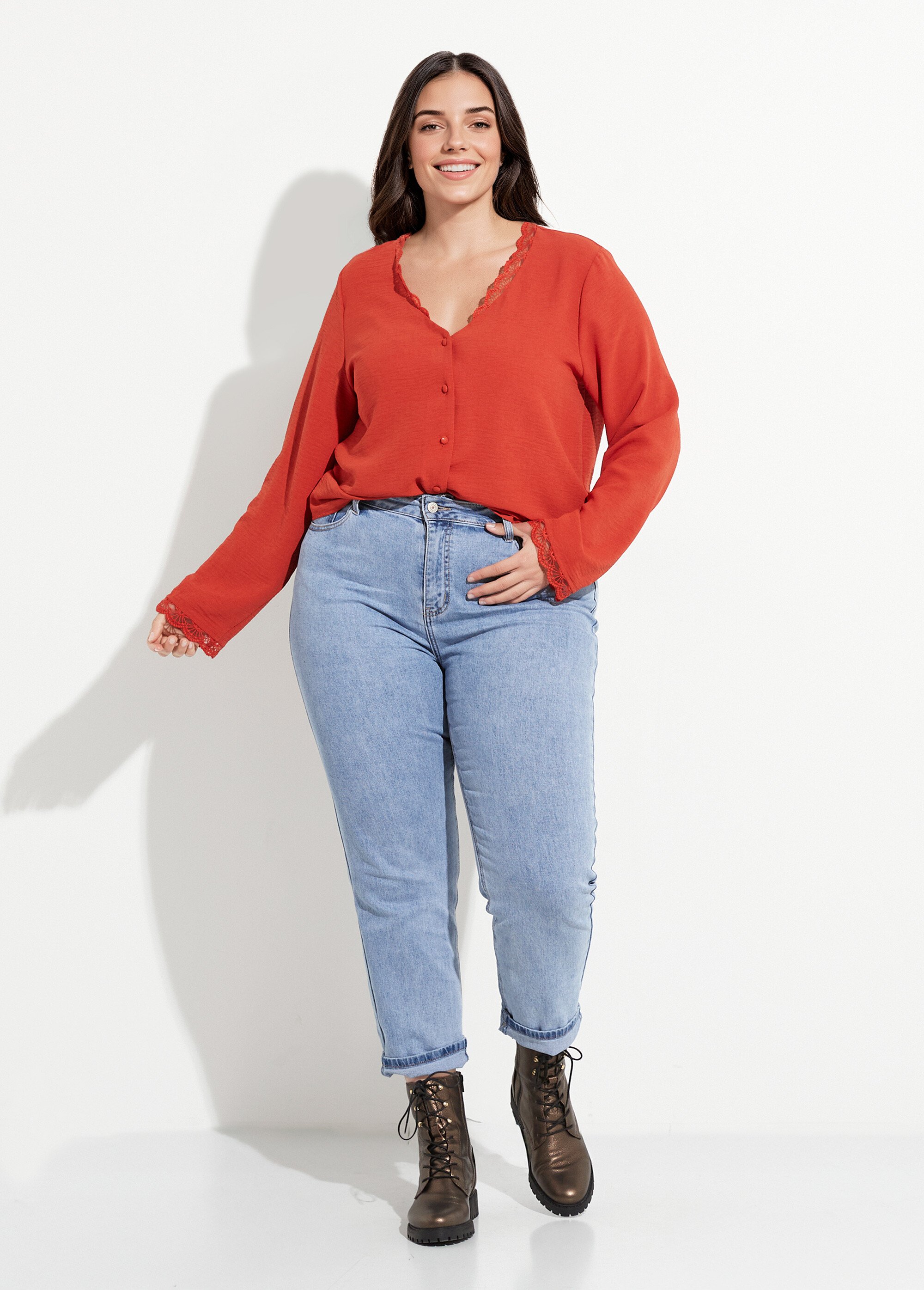 Tunique unie col V finition écailles Femme Grande Taille Rouge MAE-M225-5-123 SF1