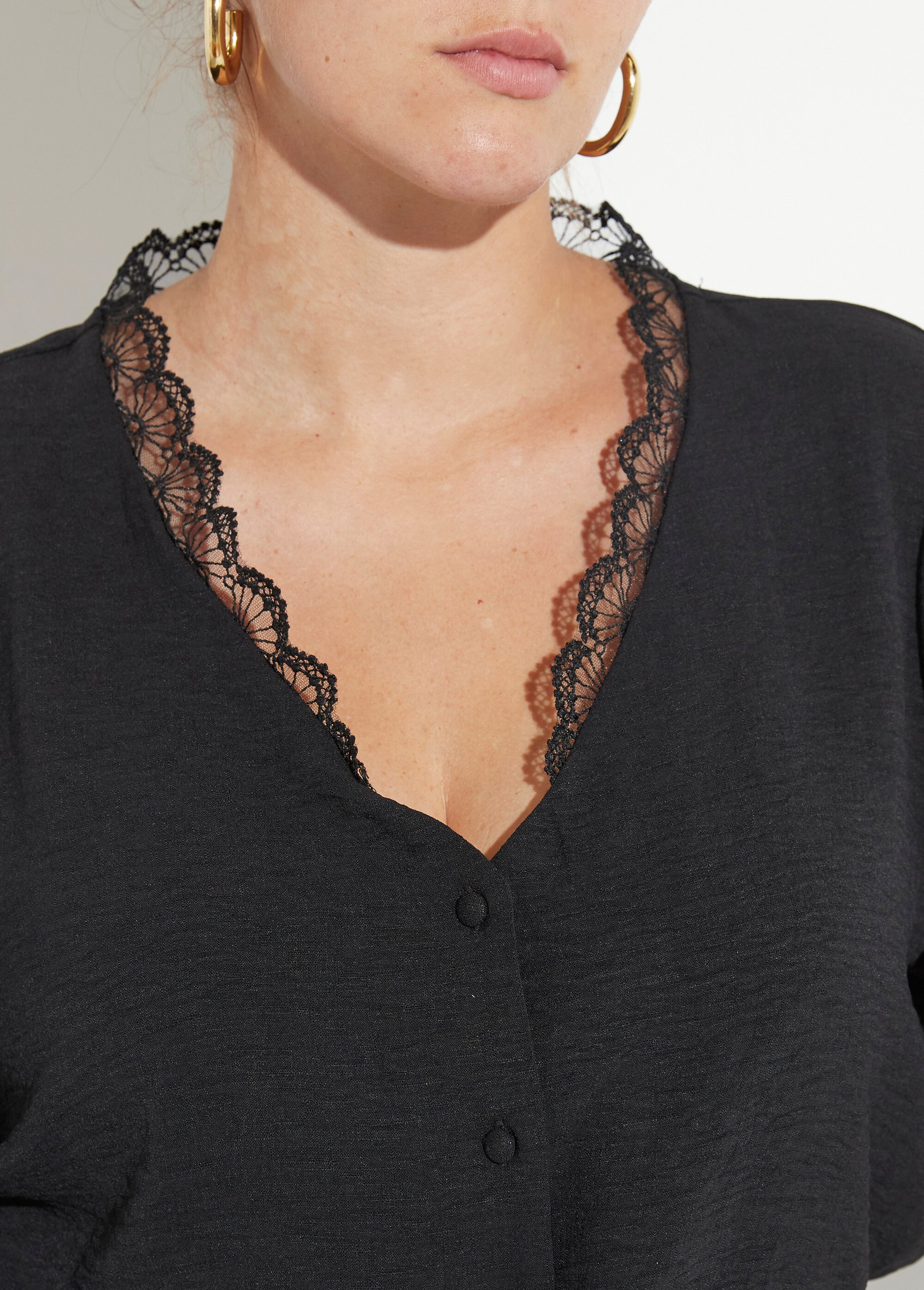 Tunique unie col V finition écailles Femme Grande Taille Noir MAE-M225-5-123 DE2
