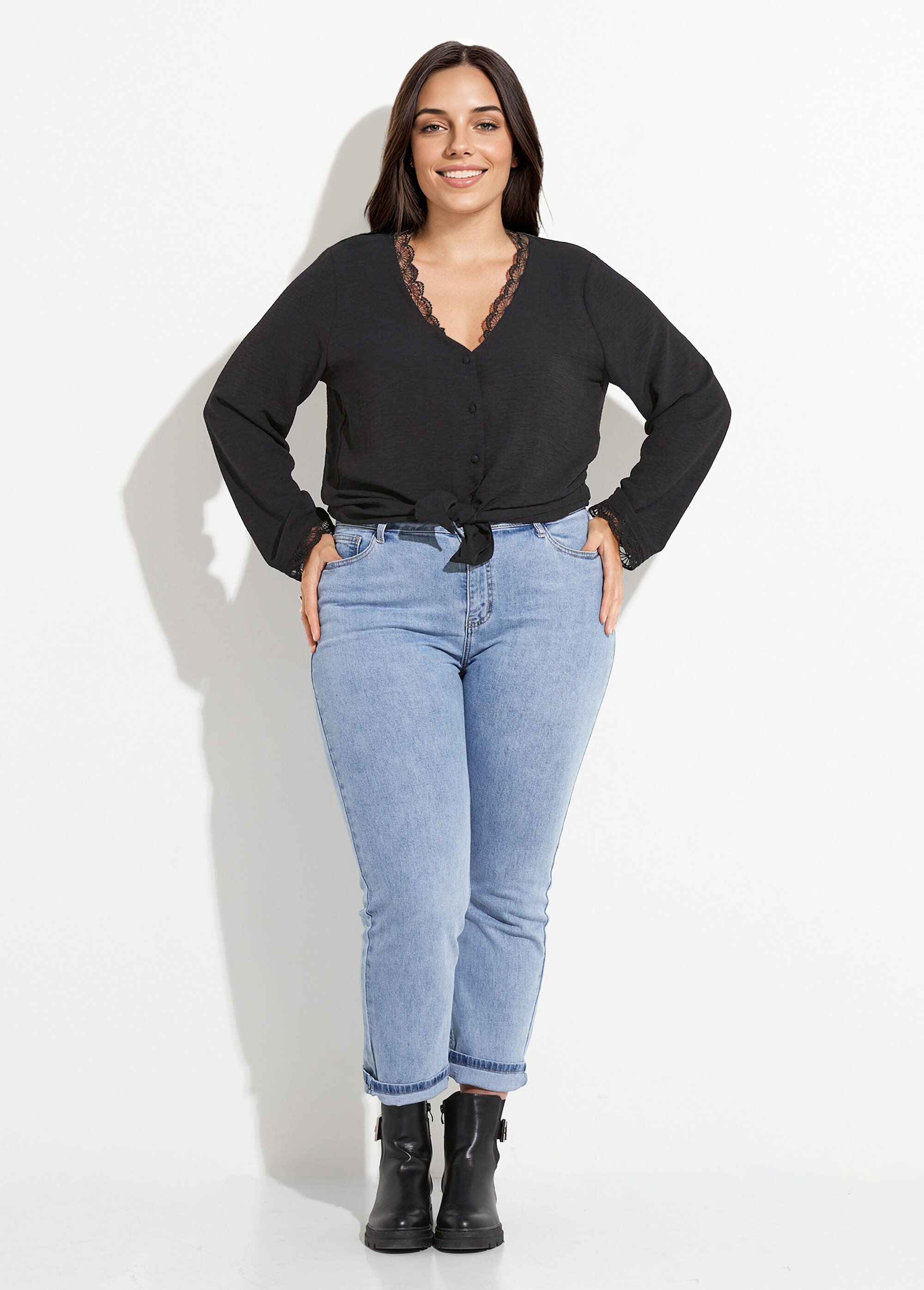 Tunique unie col V finition écailles Femme Grande Taille Noir MAE-M225-5-123 SF1