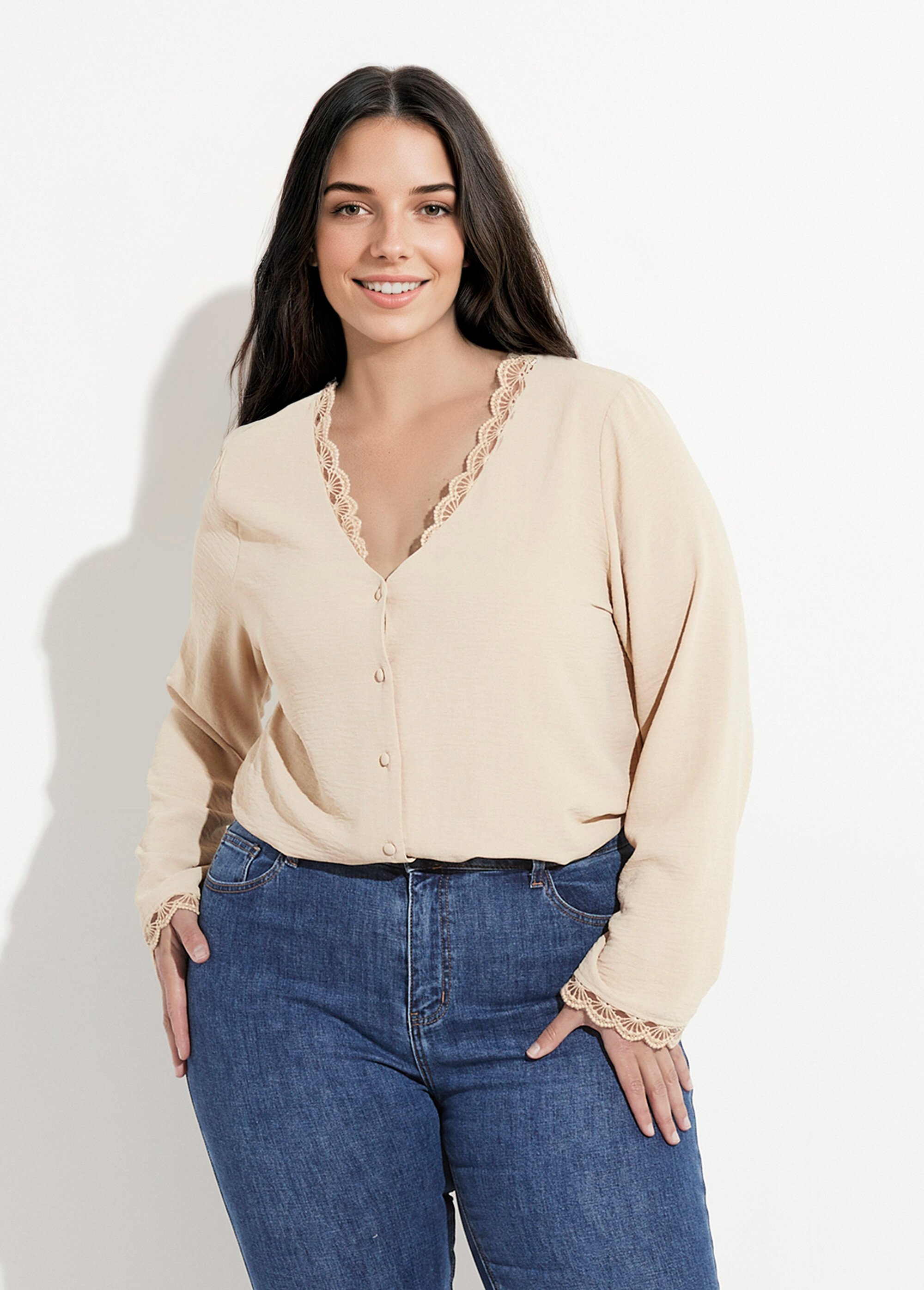 Tunique unie col V finition écailles Femme Grande Taille Beige MAE-M225-5-123 FA1