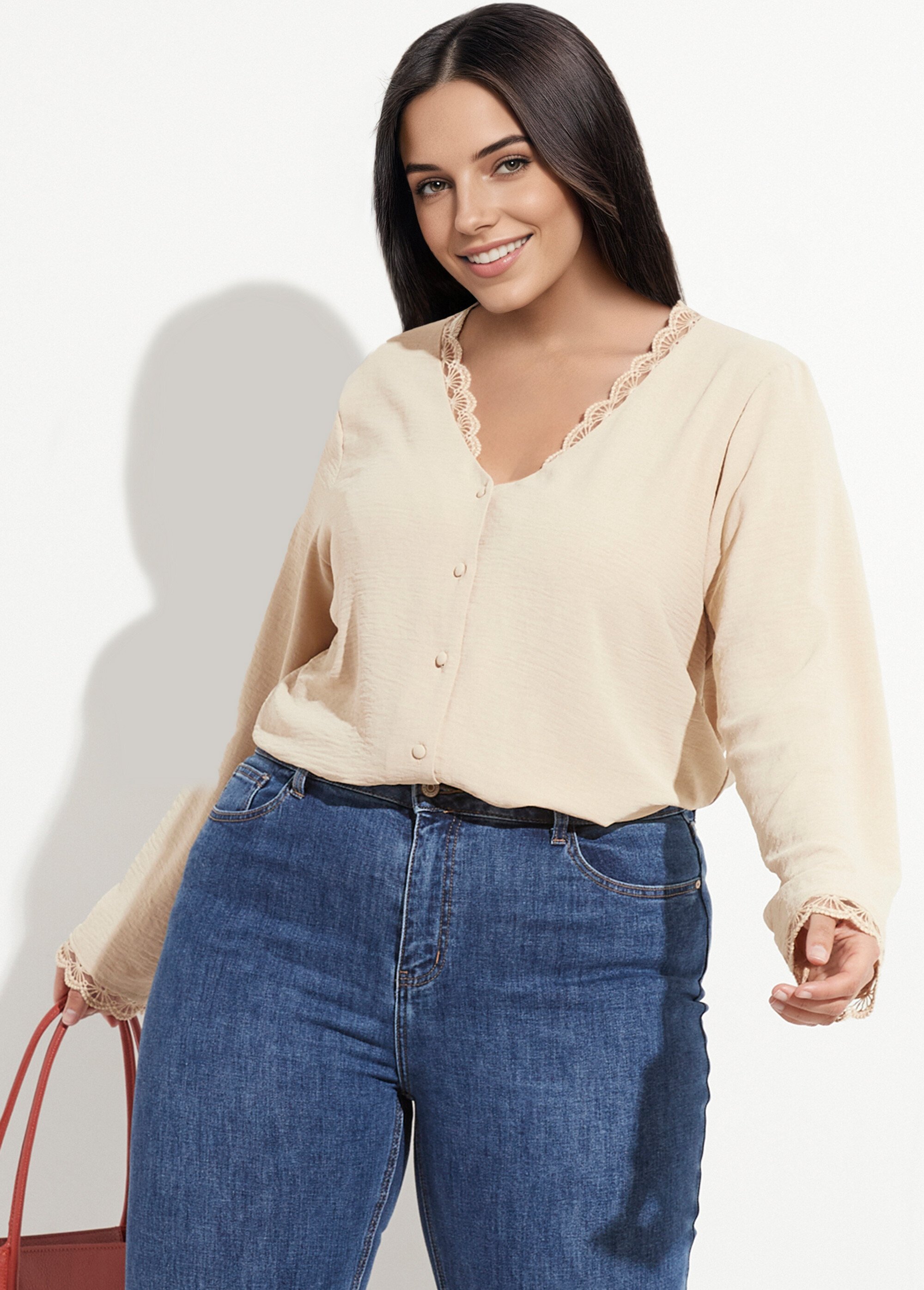 Tunique unie col V finition écailles Femme Grande Taille Beige MAE-M225-5-123 MV1