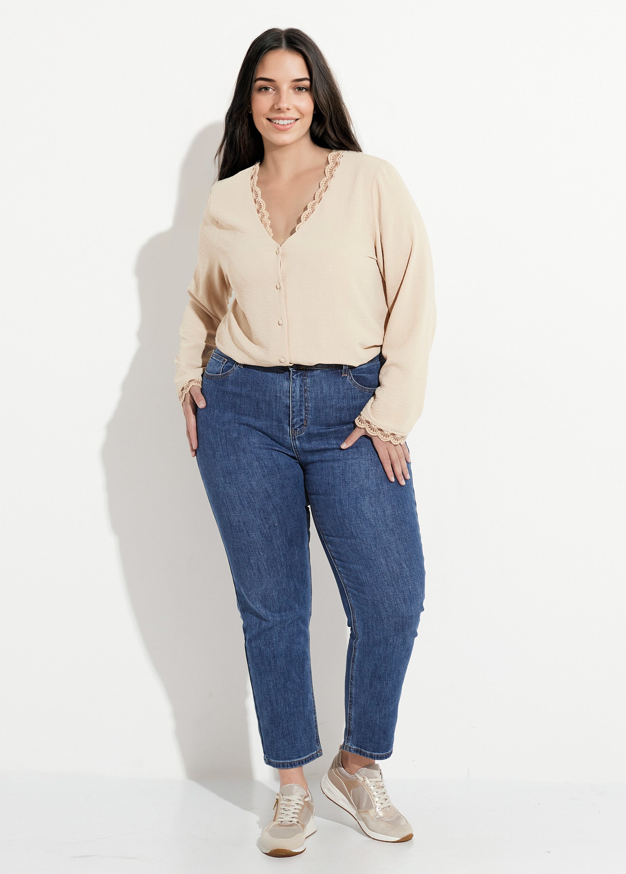 Tunique unie col V finition écailles Femme Grande Taille Beige MAE-M225-5-123 SF1