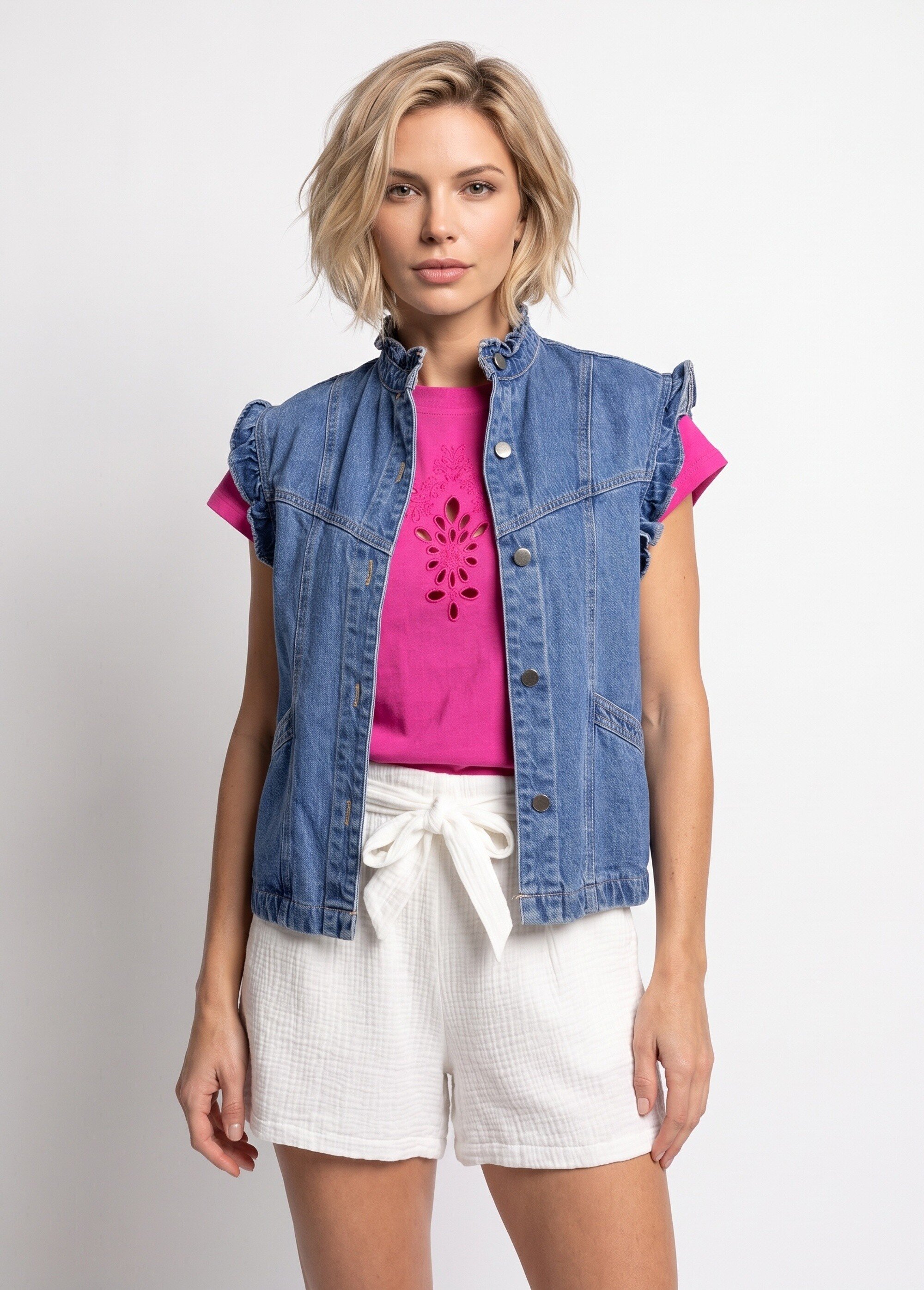 Veste en jean volantée sans manches Femme Bleu JB-A3236 FA1