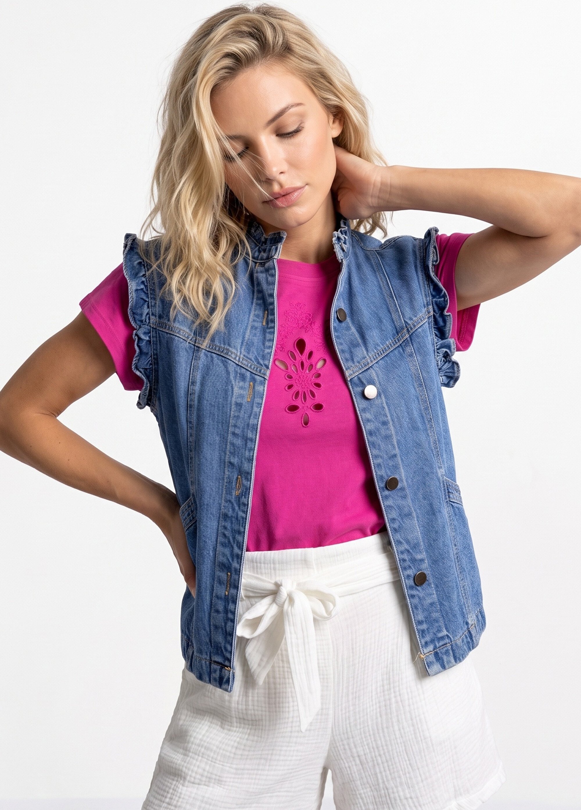 Veste en jean volantée sans manches Femme Bleu JB-A3236 MV1