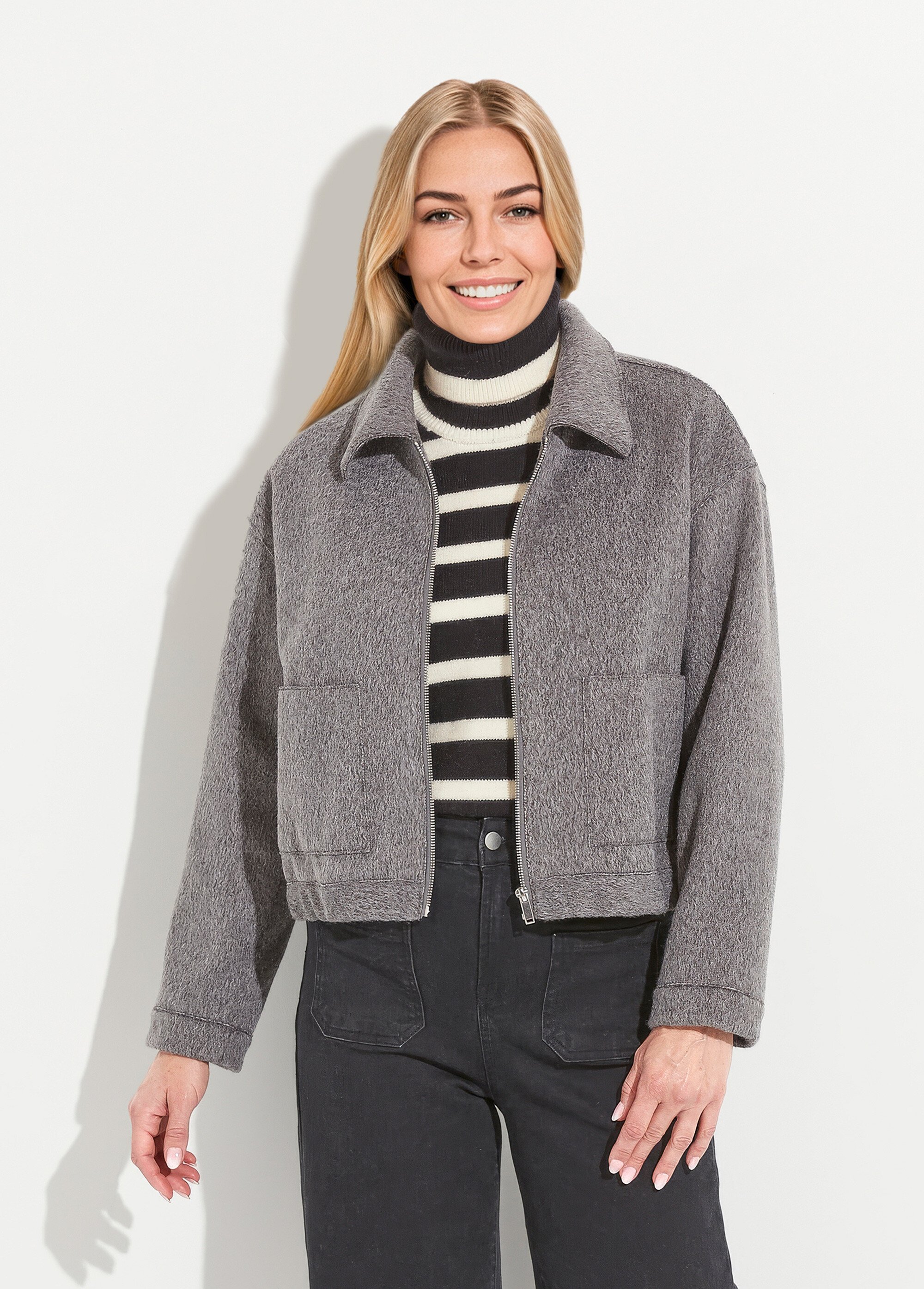 Blouson zippé tissu bouclette uni Femme Gris THALIA FA1