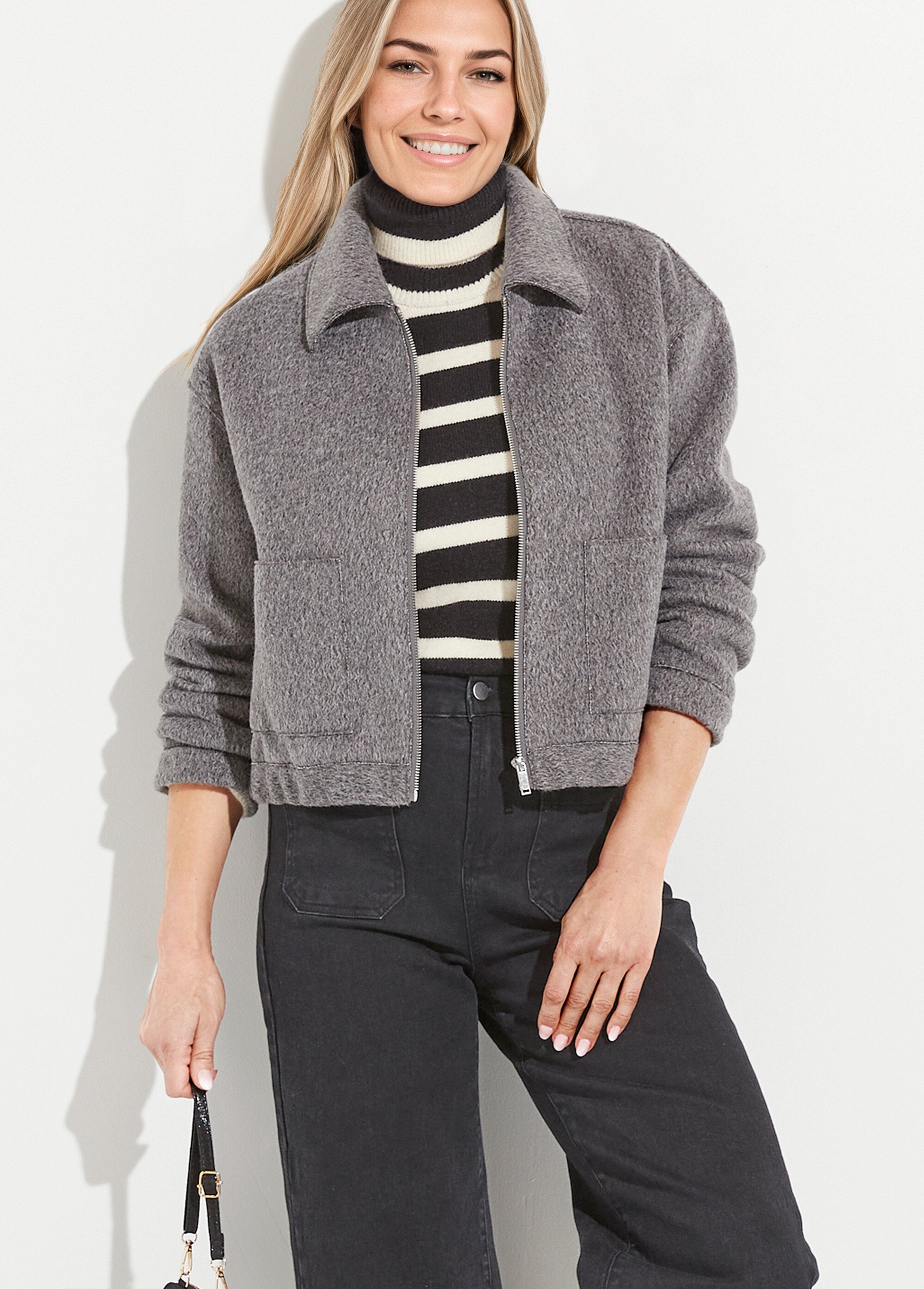 Blouson zippé tissu bouclette uni Femme Gris THALIA MV1