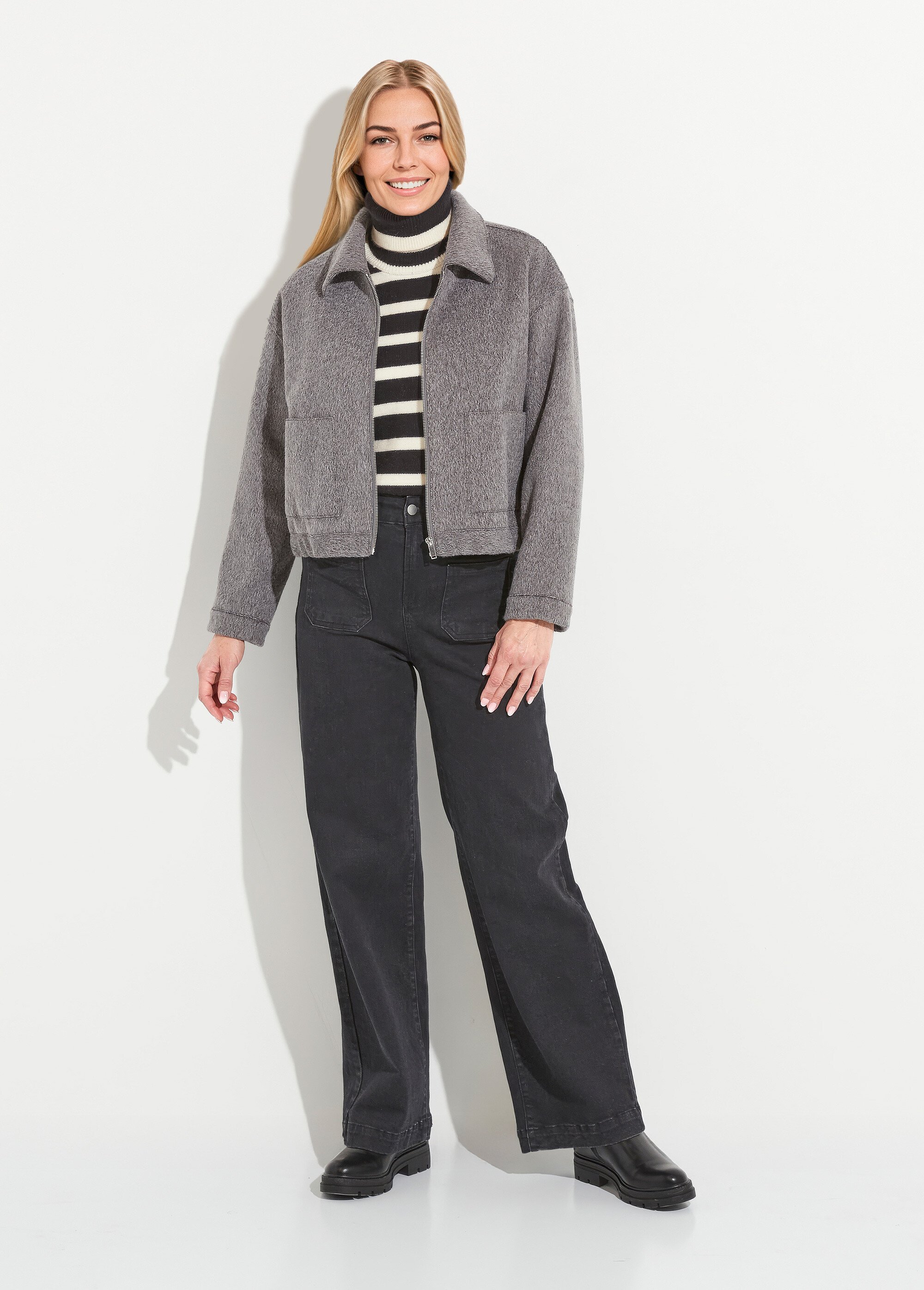Blouson zippé tissu bouclette uni Femme Gris THALIA SF1