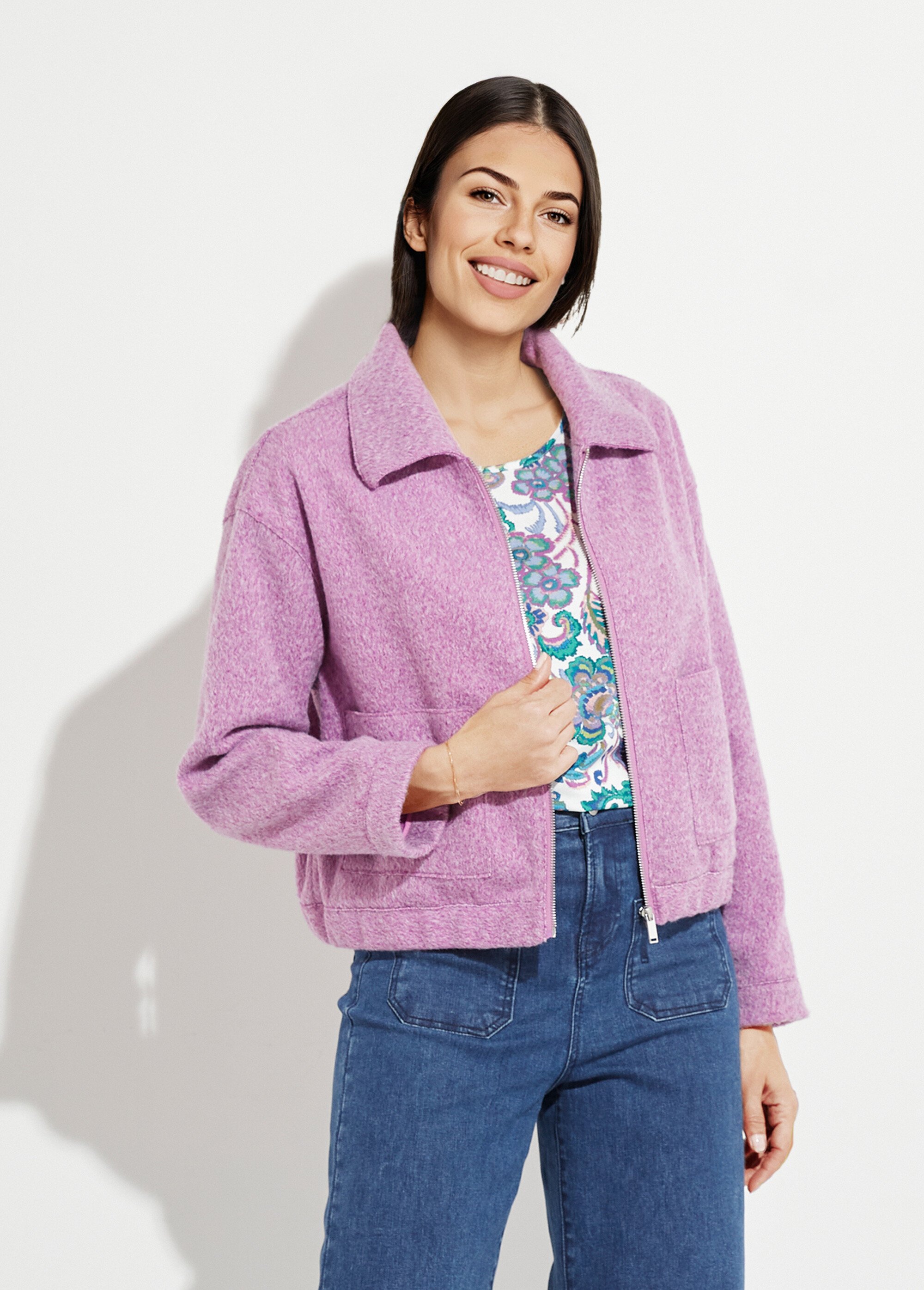 Blouson zippé tissu bouclette uni Femme Violet THALIA FA1