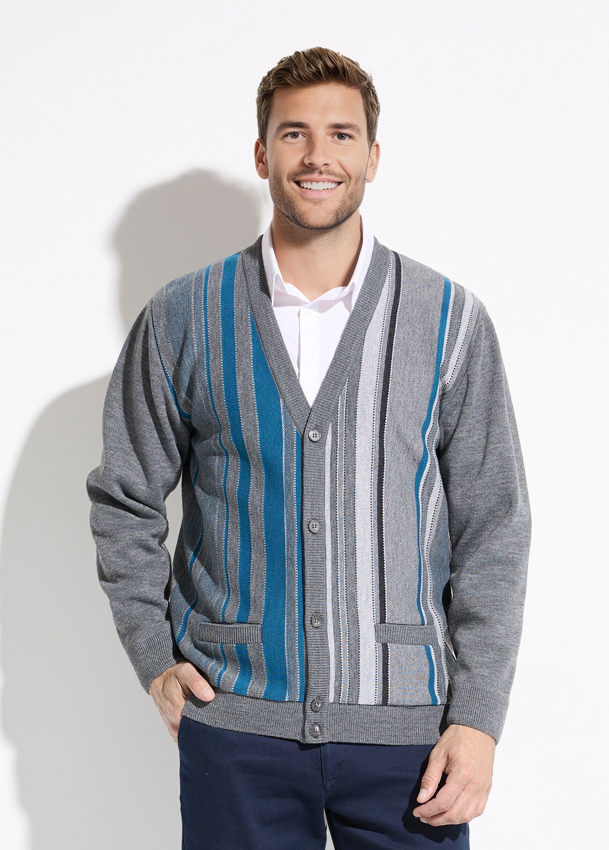 Gilet col V boutonné rayures jacquard laine Homme Gris FAKIR FA1