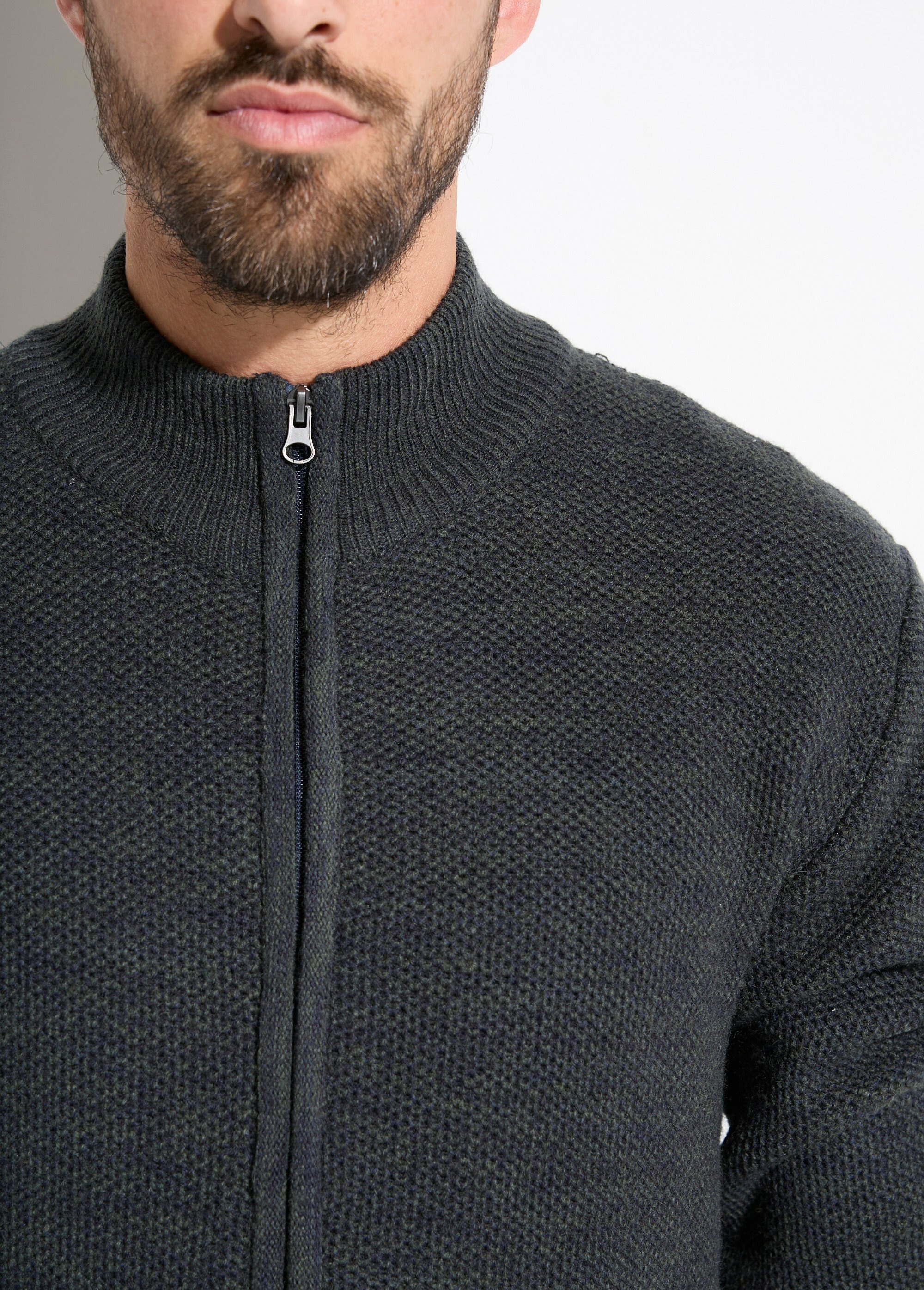 Gilet zippé col montant maille chinée laine Homme Vert FRELON DE1
