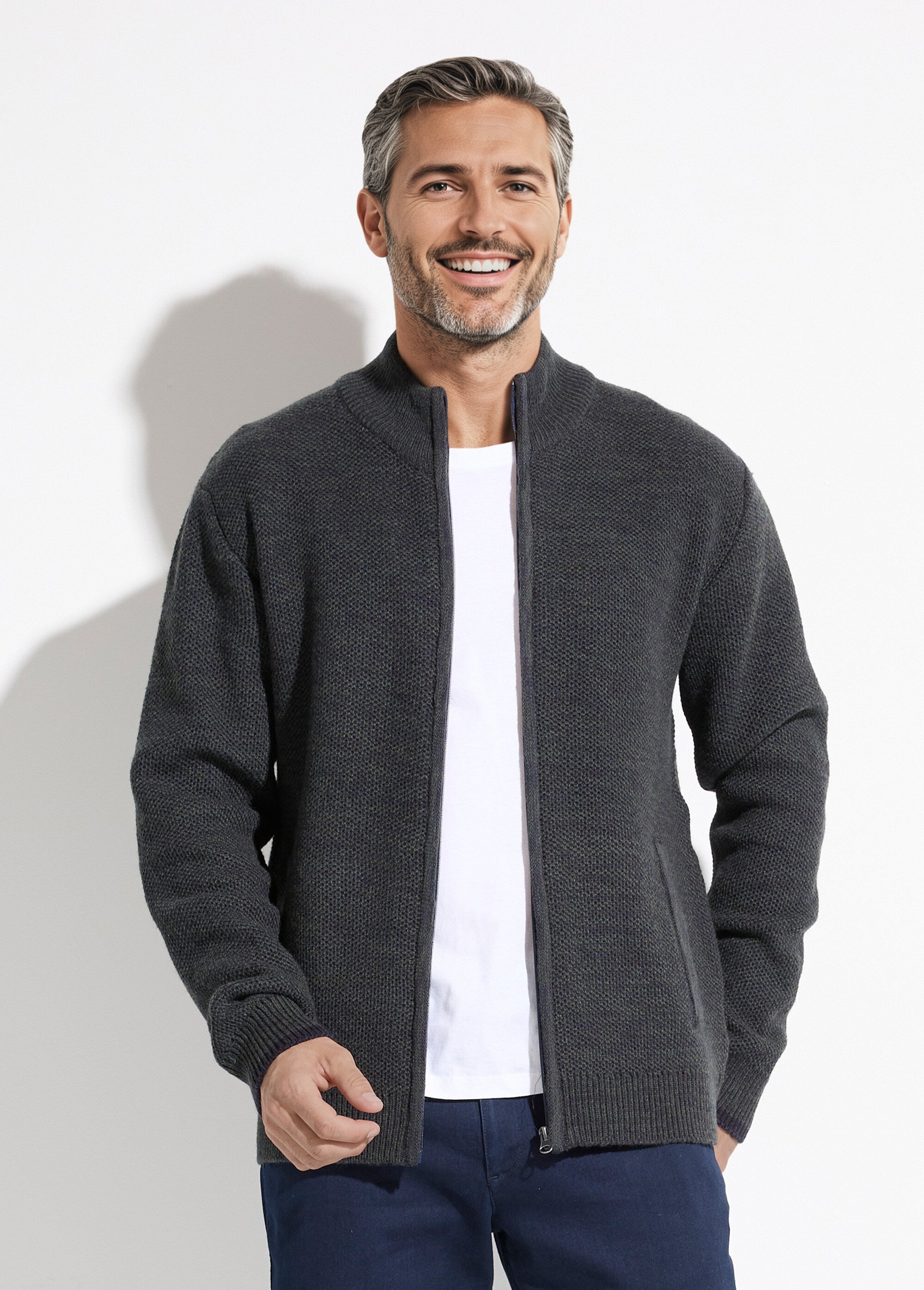 Gilet zippé col montant maille chinée laine Homme Vert FRELON FA1