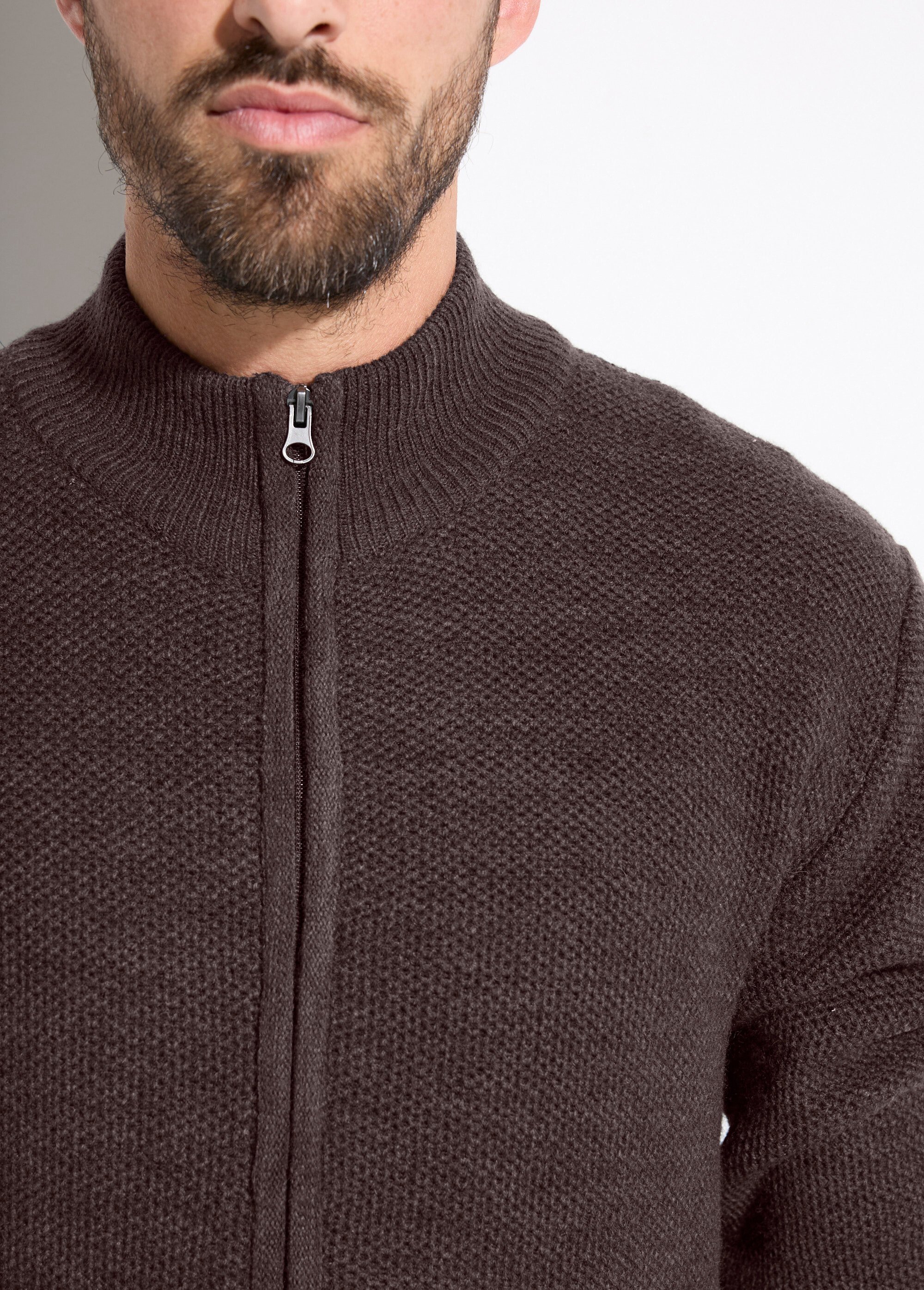 Gilet zippé col montant maille chinée laine Homme Marron FRELON DE1