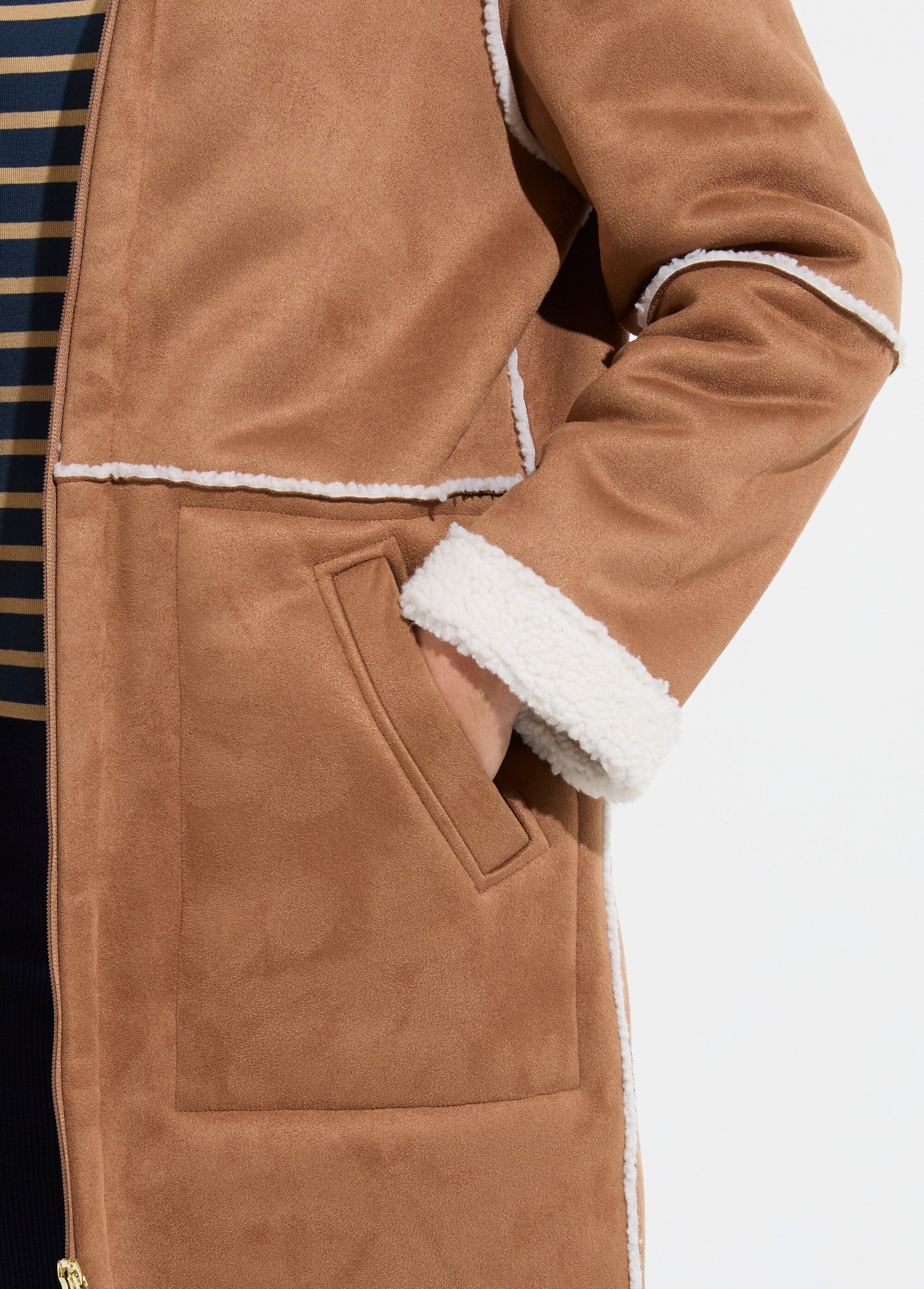 Manteau zippé à capuche effet peau lainée chaud Femme Marron TIMOTHEE DE1