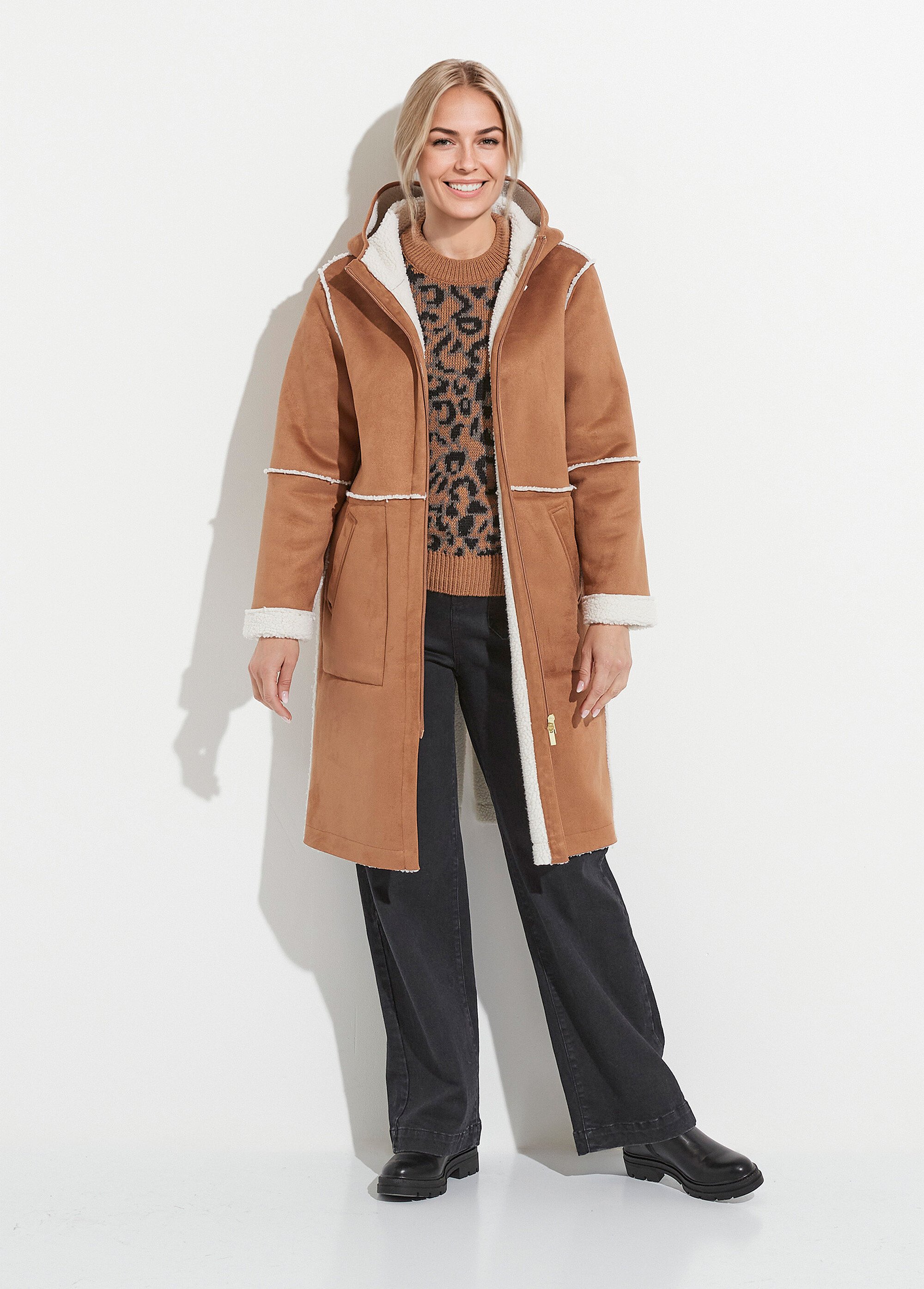 Manteau zippé à capuche effet peau lainée chaud Femme Beige TIMOTHEE FA1