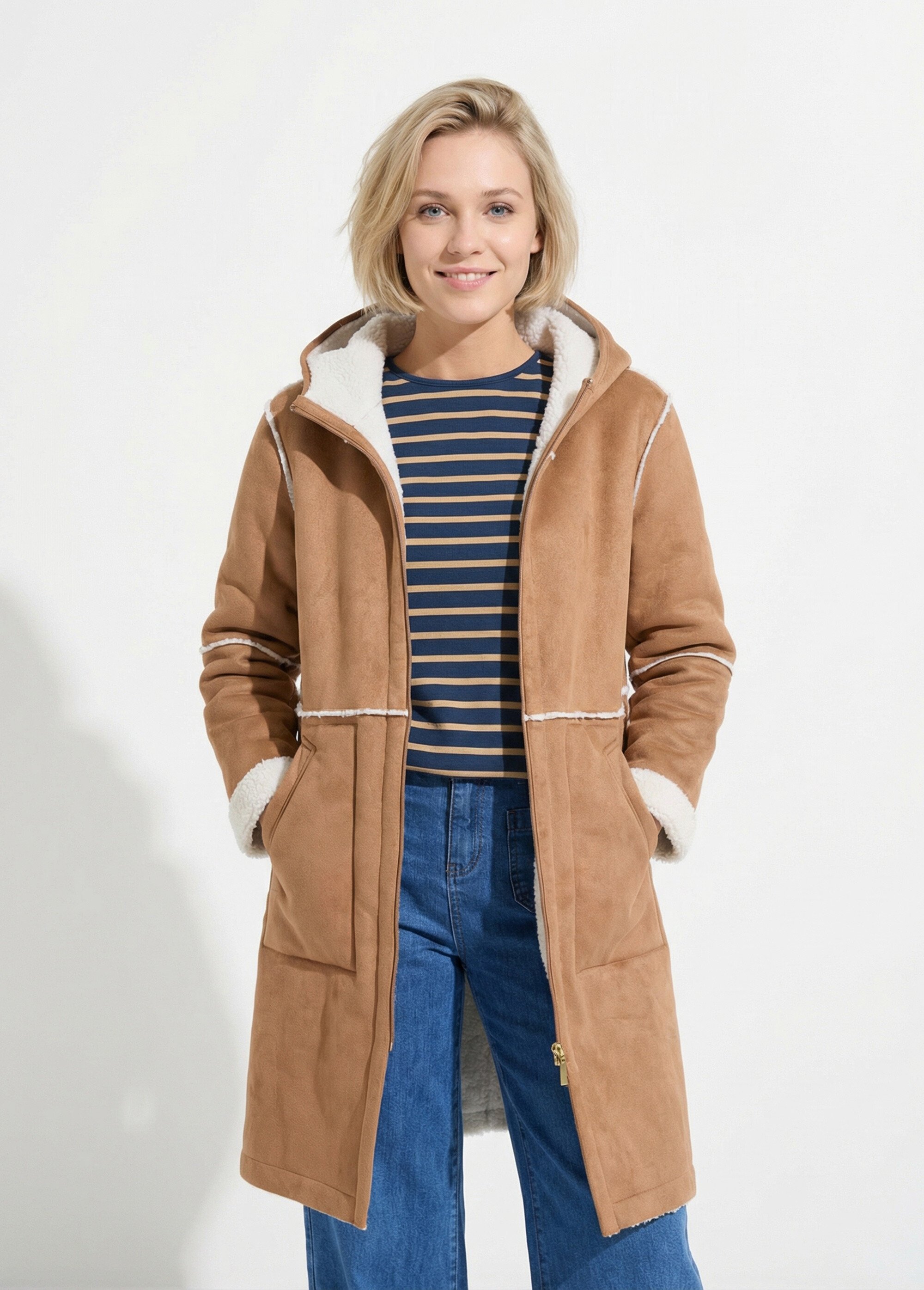 Manteau zippé à capuche effet peau lainée chaud Femme Marron TIMOTHEE FA1