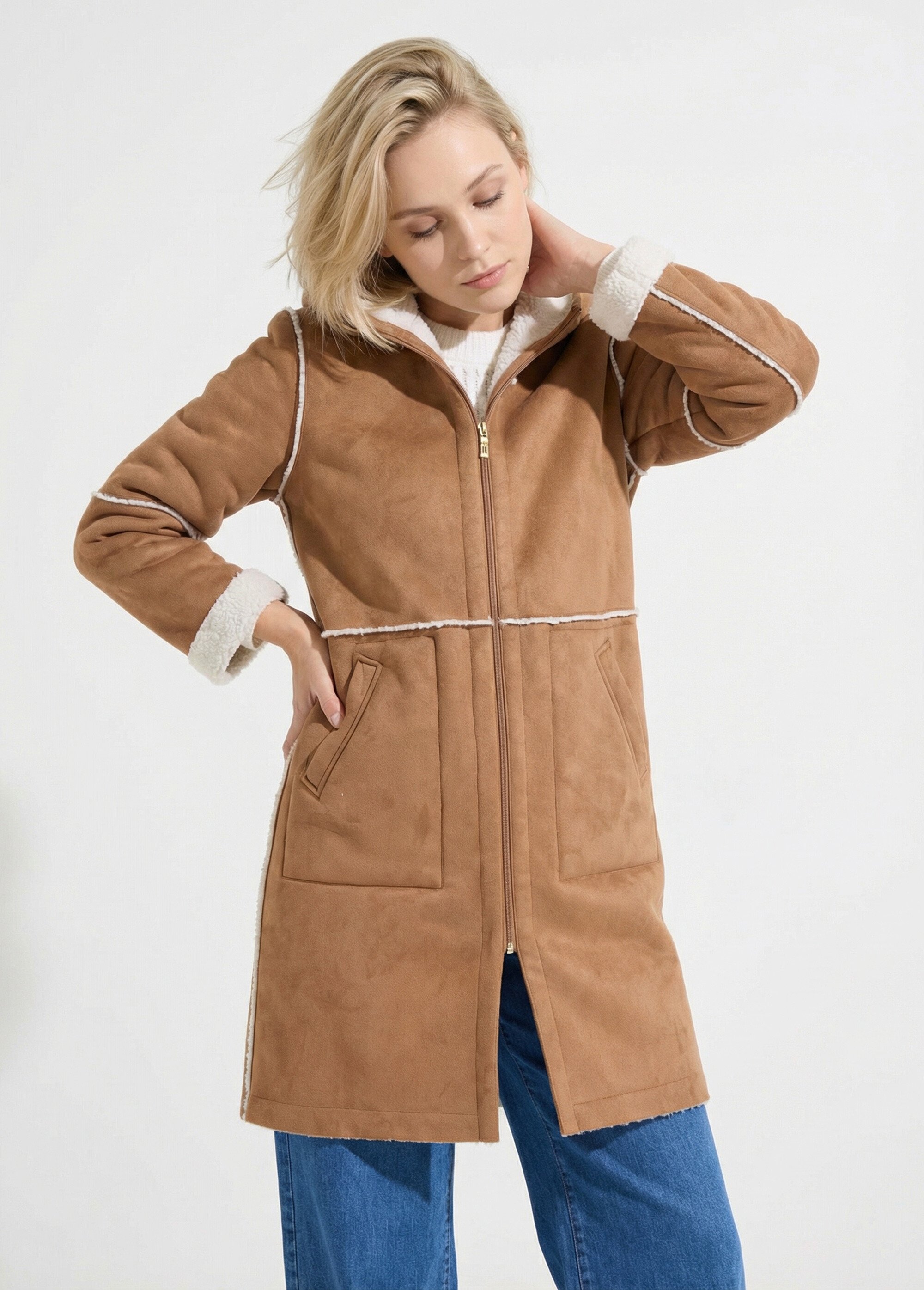 Manteau zippé à capuche effet peau lainée chaud Femme Marron TIMOTHEE FA2