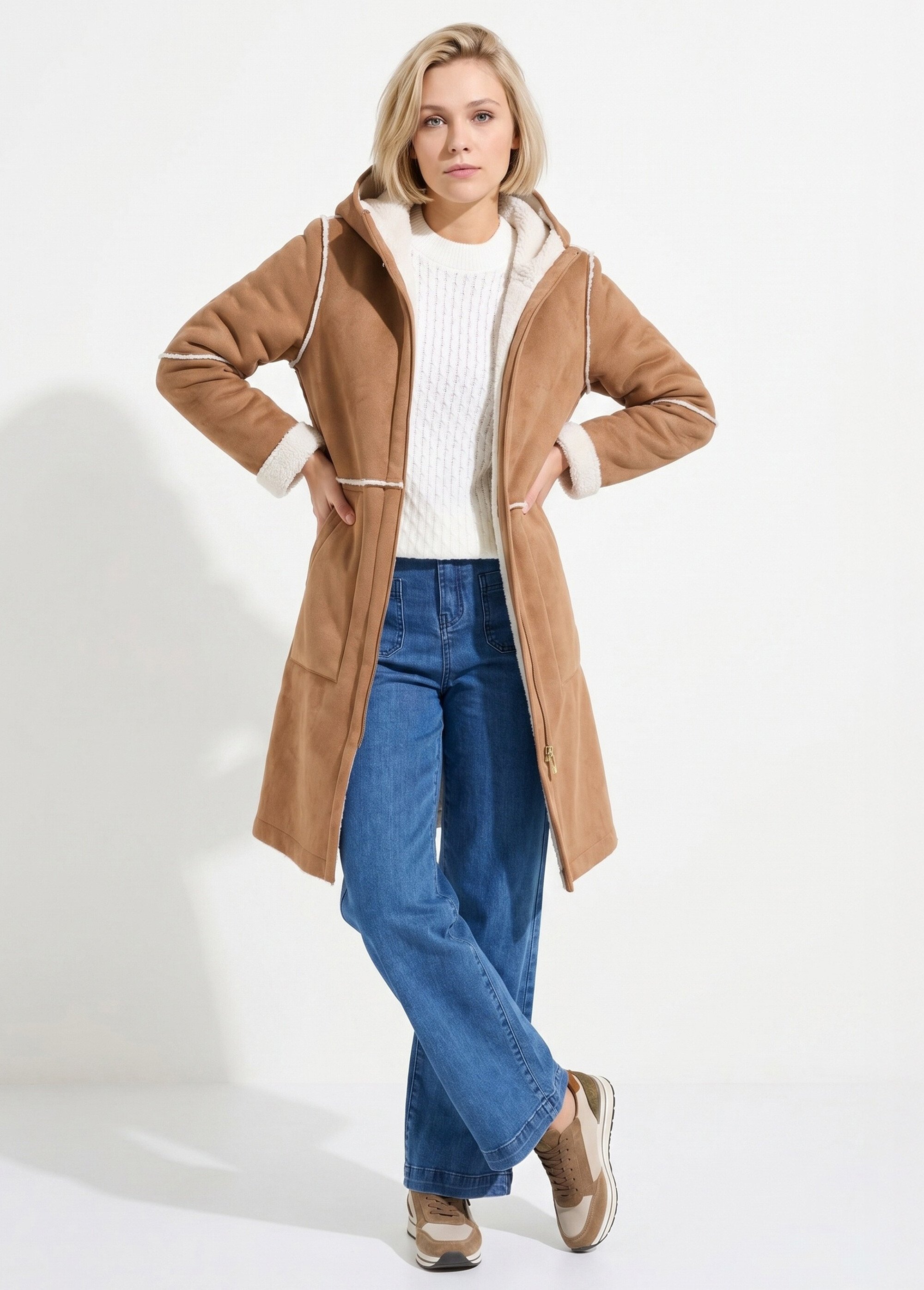 Manteau zippé à capuche effet peau lainée chaud Femme Marron TIMOTHEE MV1