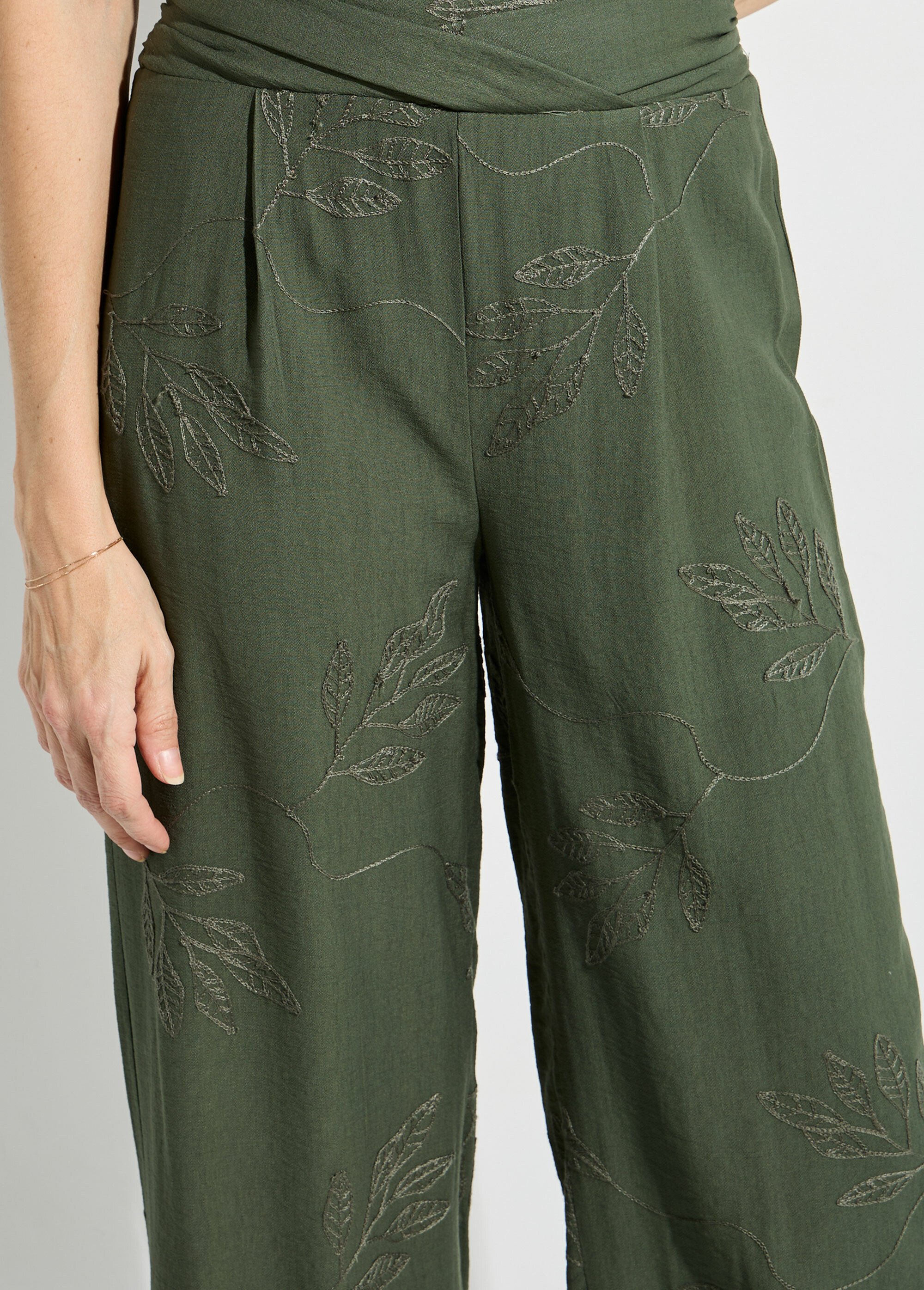 Pantalon large élastiqué brodé feuillage Femme Vert TM-MENTHOU DE1