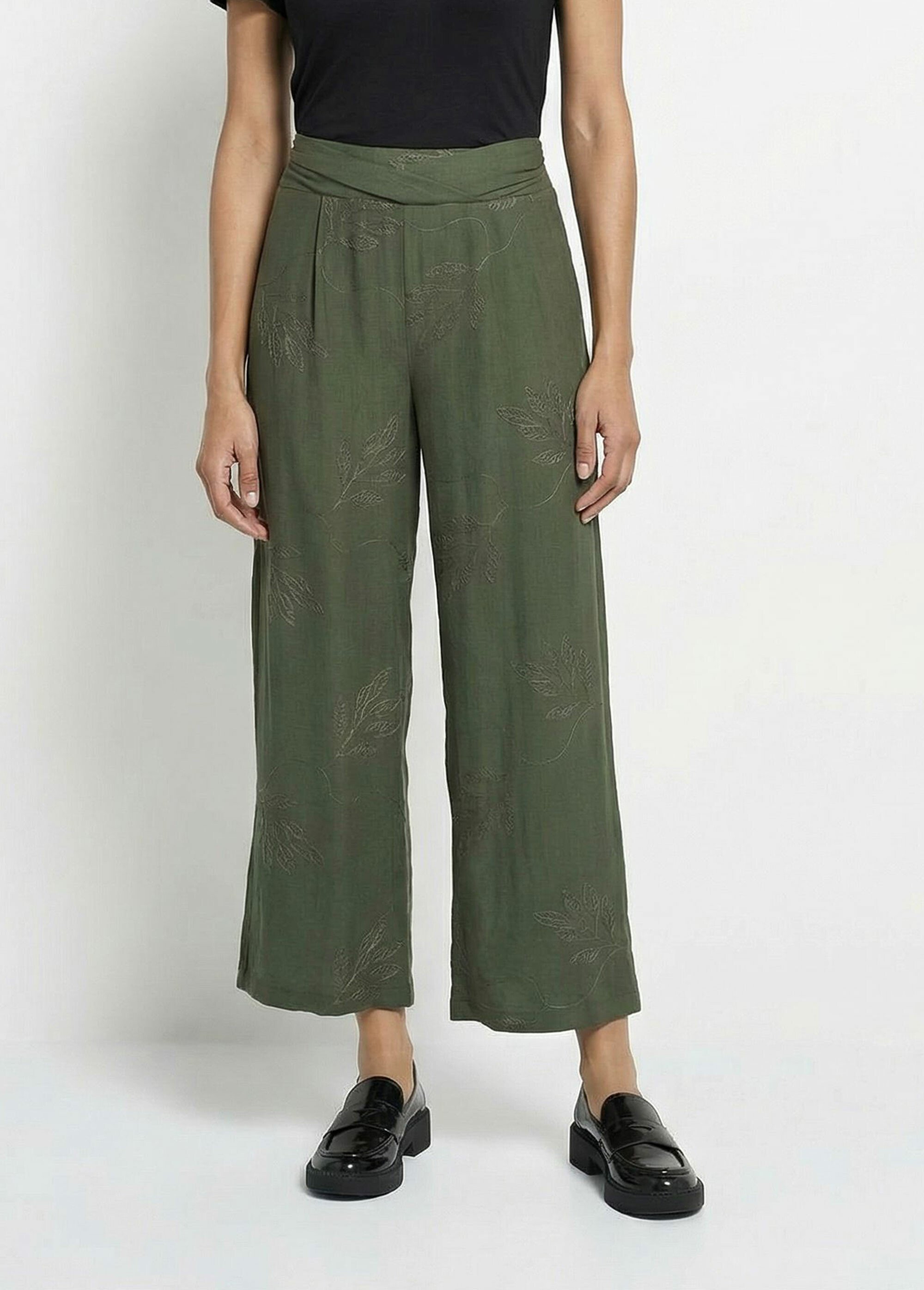 Pantalon large élastiqué brodé feuillage Femme Vert TM-MENTHOU FA1