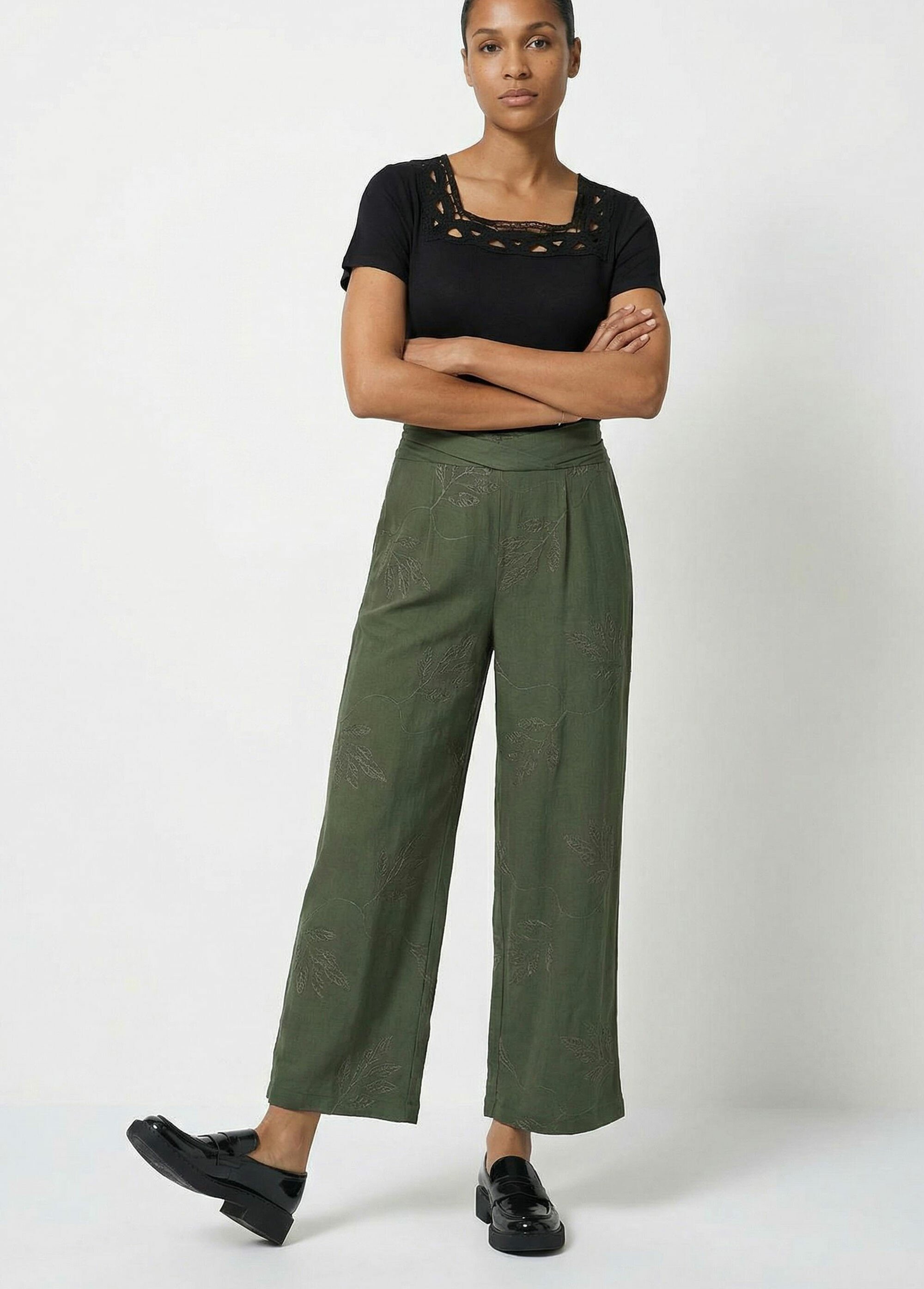 Pantalon large élastiqué brodé feuillage Femme Vert TM-MENTHOU MV1