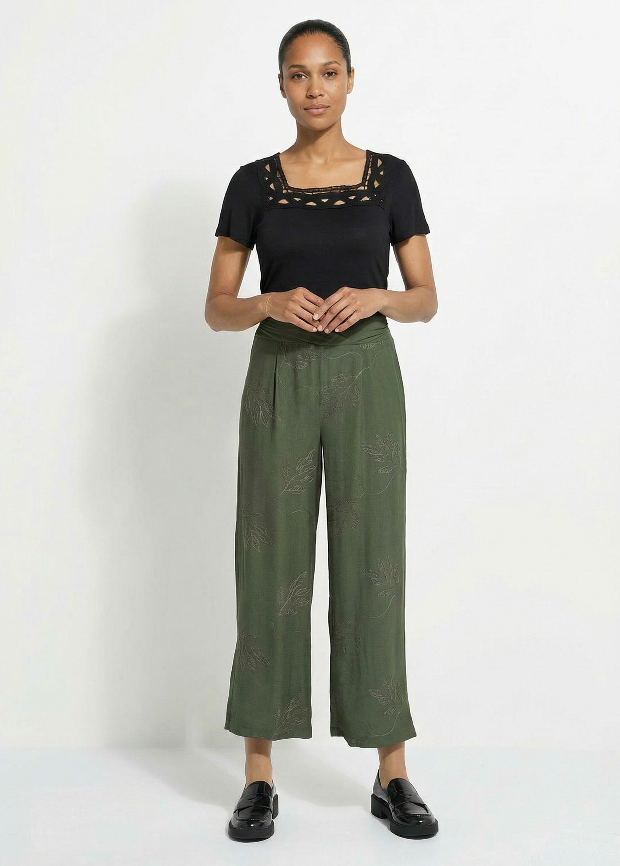 Pantalon large élastiqué brodé feuillage Femme Vert TM-MENTHOU SF1