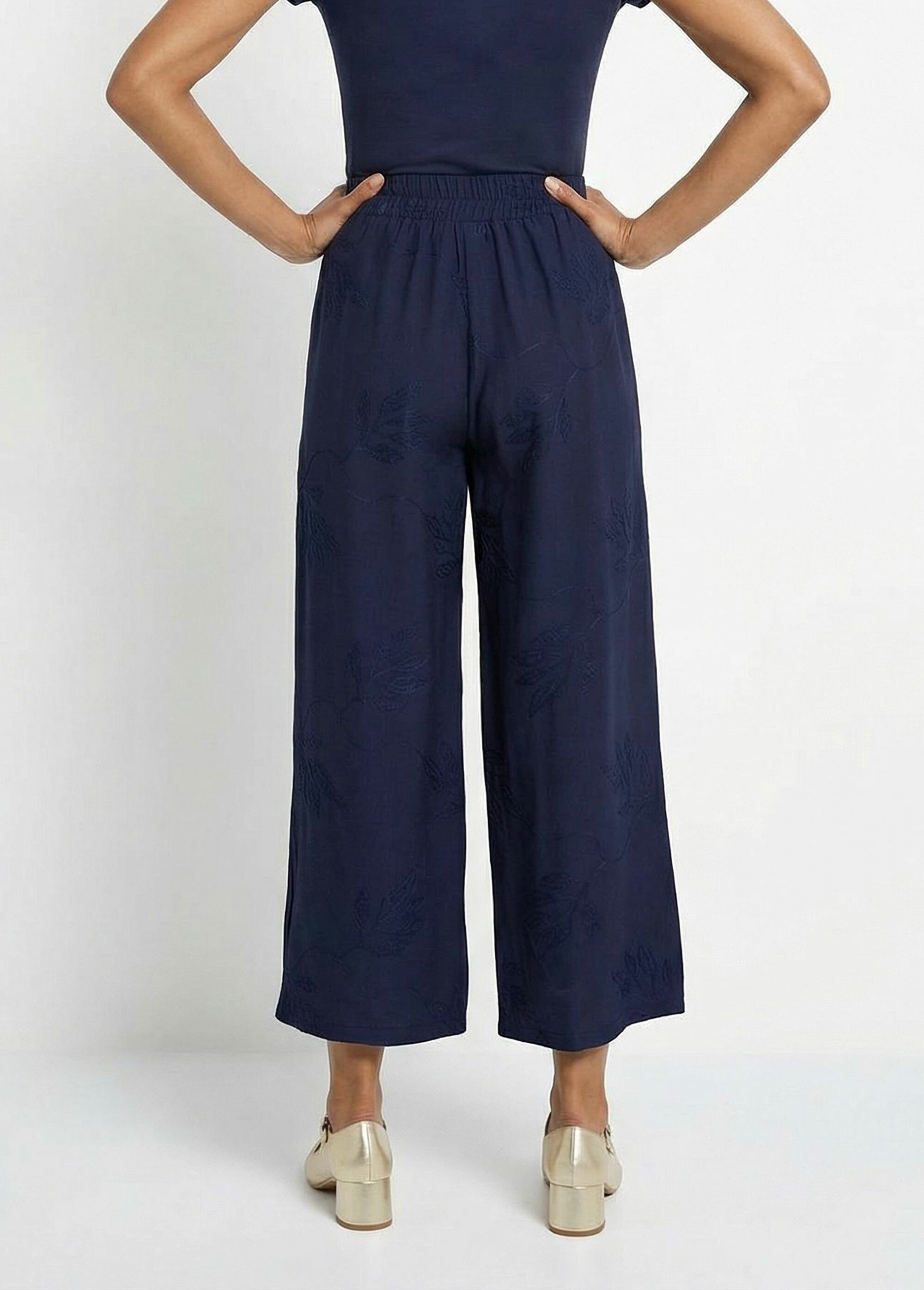 Pantalon large élastiqué brodé feuillage Femme Bleu TM-MENTHOU DO1