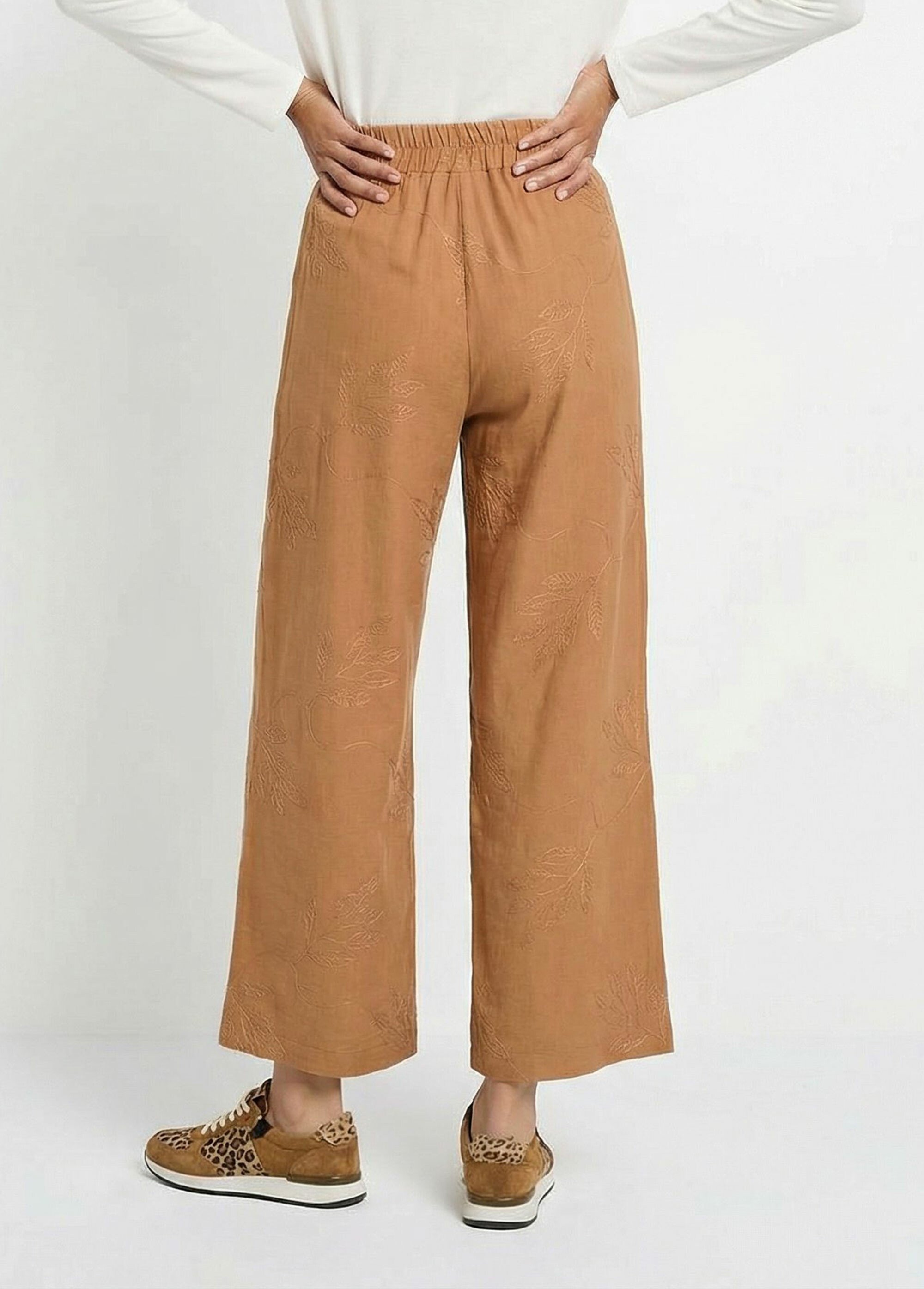 Pantalon large élastiqué brodé feuillage Femme Marron TM-MENTHOU DO1