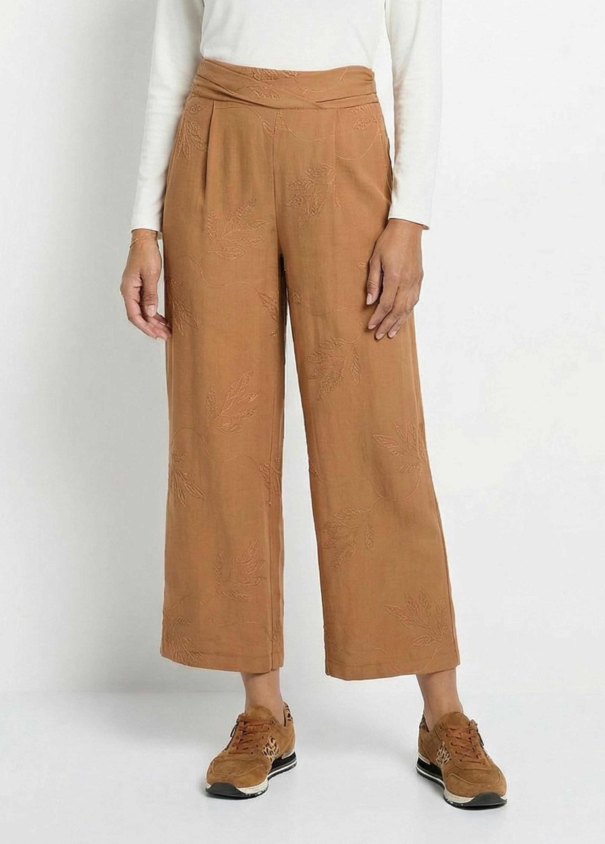 Pantalon large élastiqué brodé feuillage Femme Marron TM-MENTHOU FA1