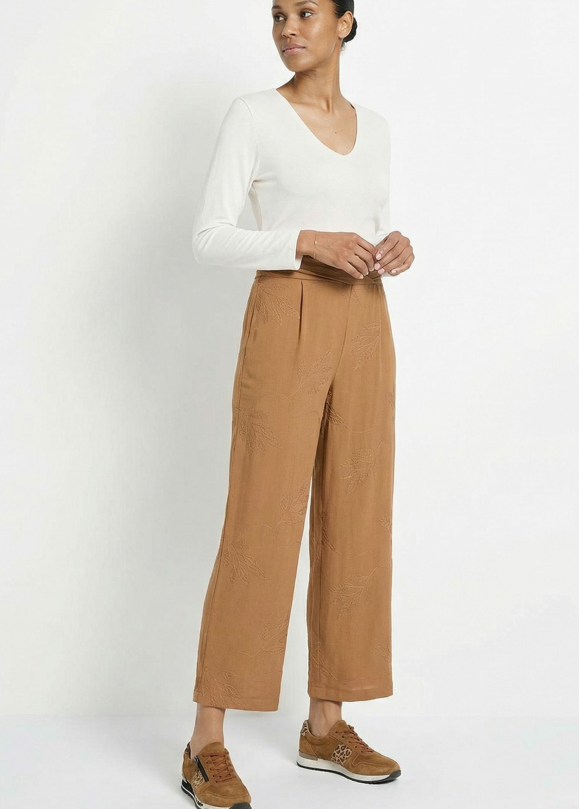 Pantalon large élastiqué brodé feuillage Femme Marron TM-MENTHOU MV1