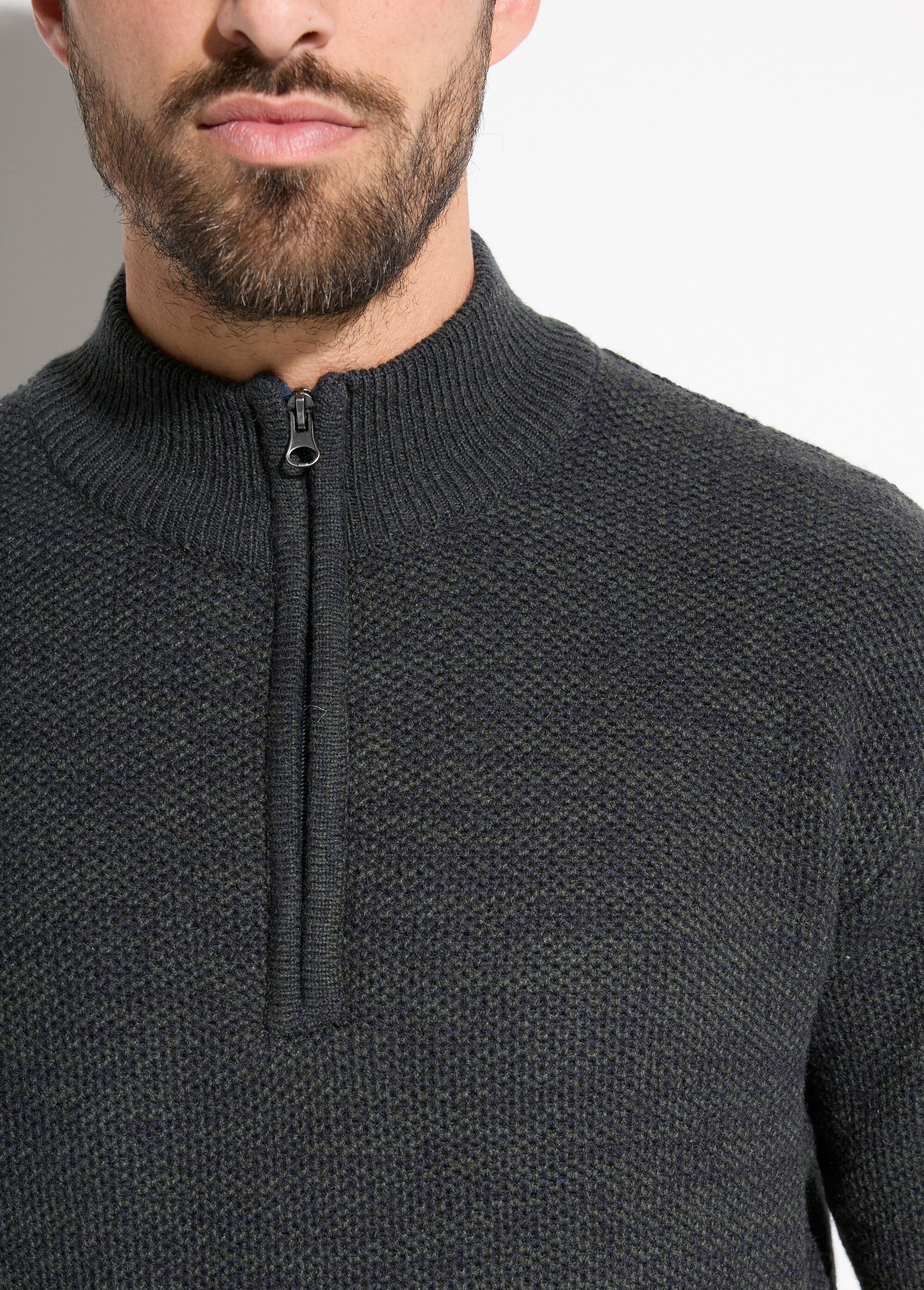 Pull col montant zippé maille chinée laine Homme Vert FAUVE DE1