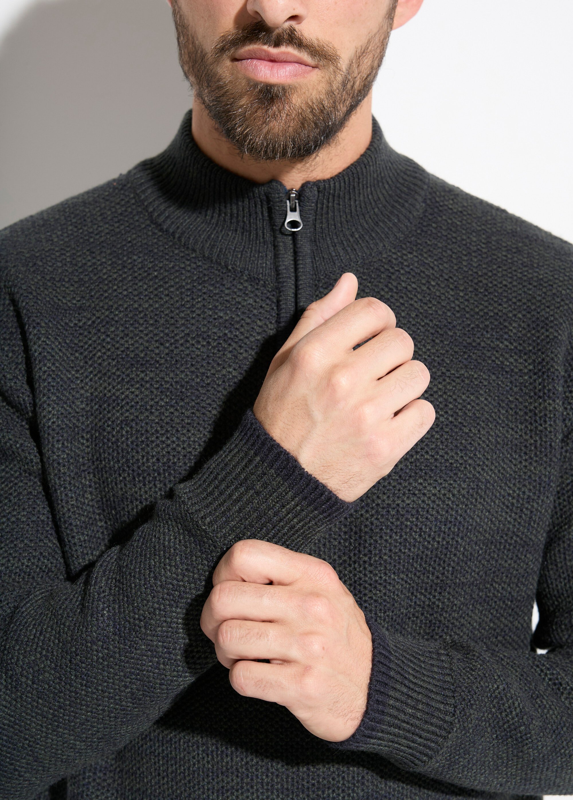 Pull col montant zippé maille chinée laine Homme Vert FAUVE DE2