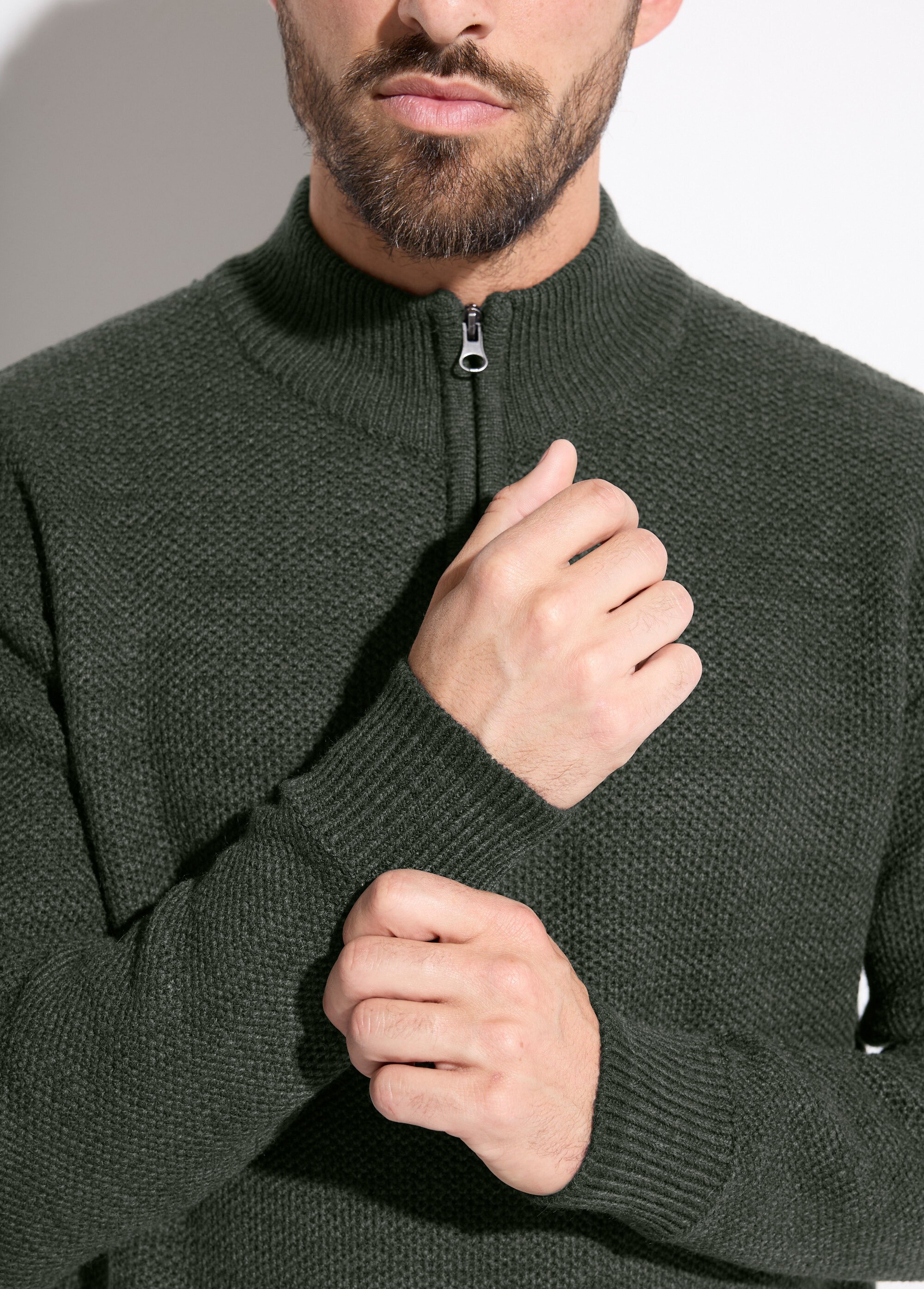 Pull col montant zippé maille avec laine Homme Vert FAUVE DE2