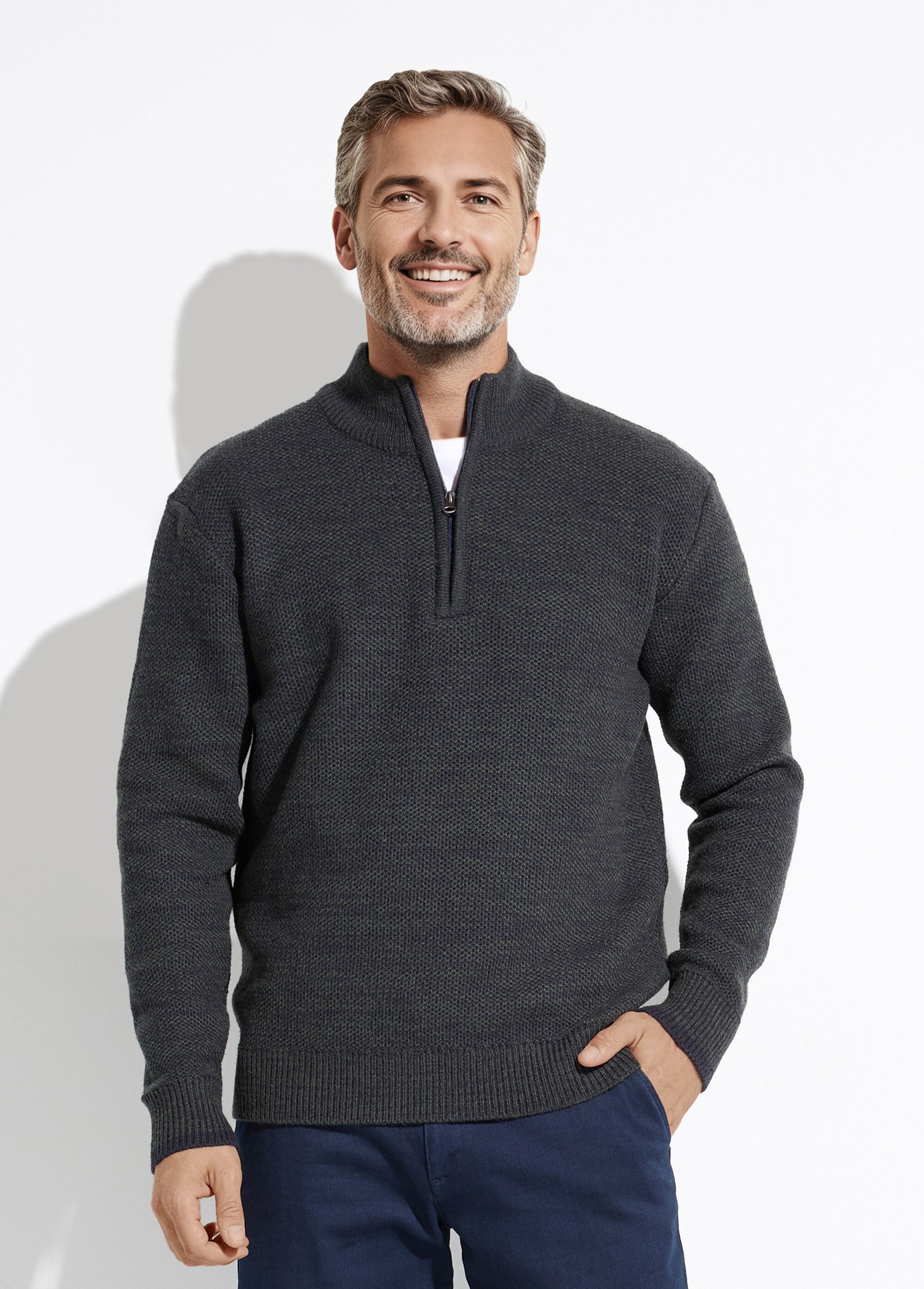 Pull col montant zippé maille chinée laine Homme Vert FAUVE FA1