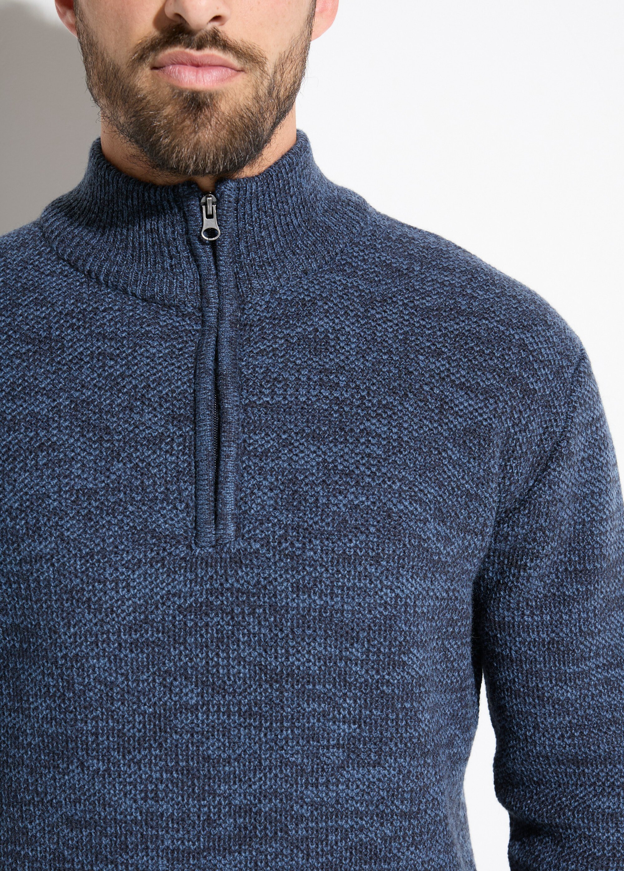 Pull col montant zippé maille chinée laine Homme Bleu FAUVE DE1