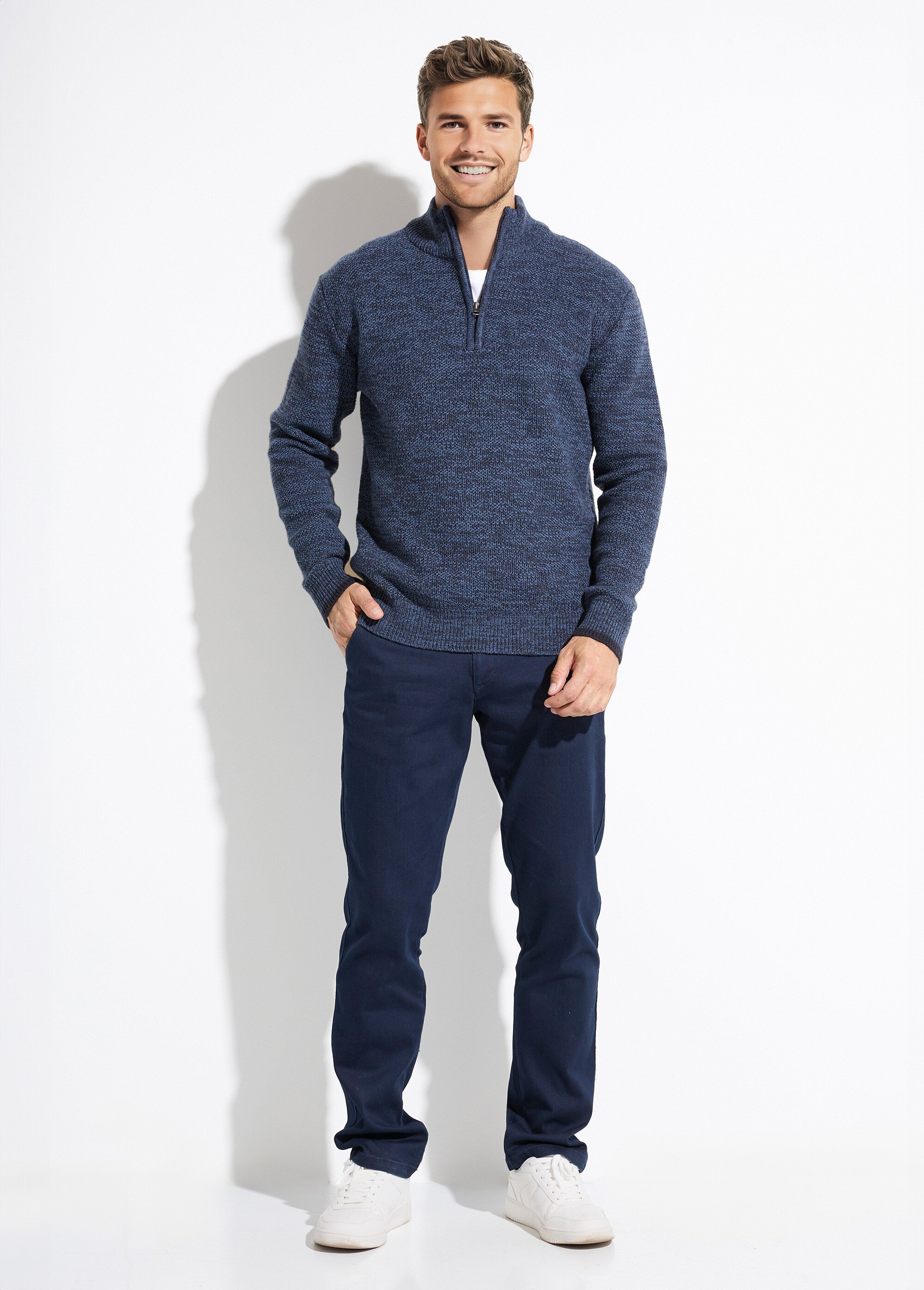 Pull col montant zippé maille chinée laine Homme Bleu FAUVE SF1