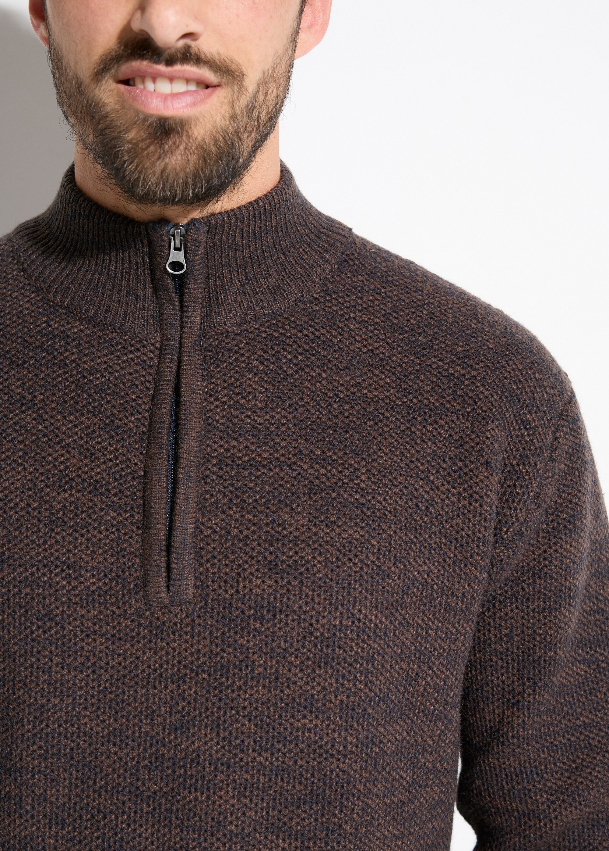 Pull col montant zippé maille chinée laine Homme Marron FAUVE DE1